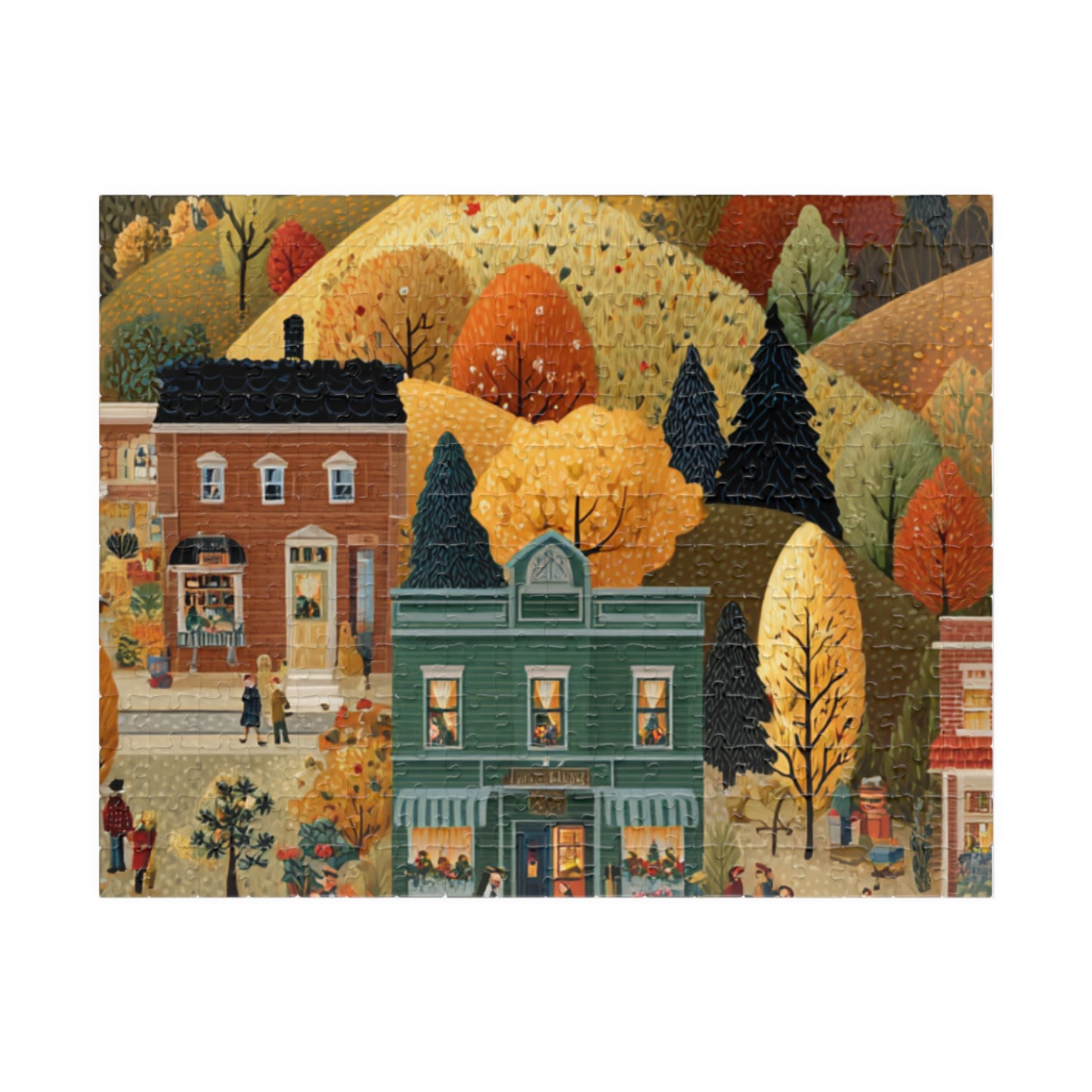 Whispering Pines Village Puzzle | Autumn Mountain Countryside Scene | Cozy Fall Jigsaw Gift | Jazz N’ Coffee Puzzles