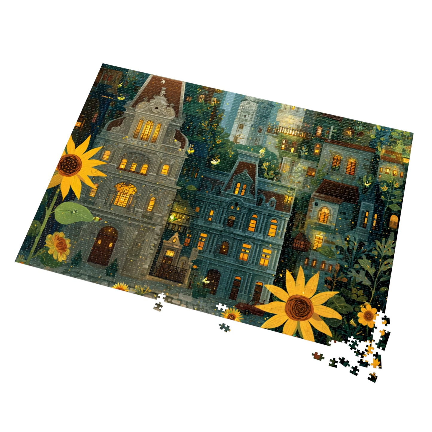 Whimsical Philadelphia Cityscape Sunflower Jigsaw Puzzle with Tin