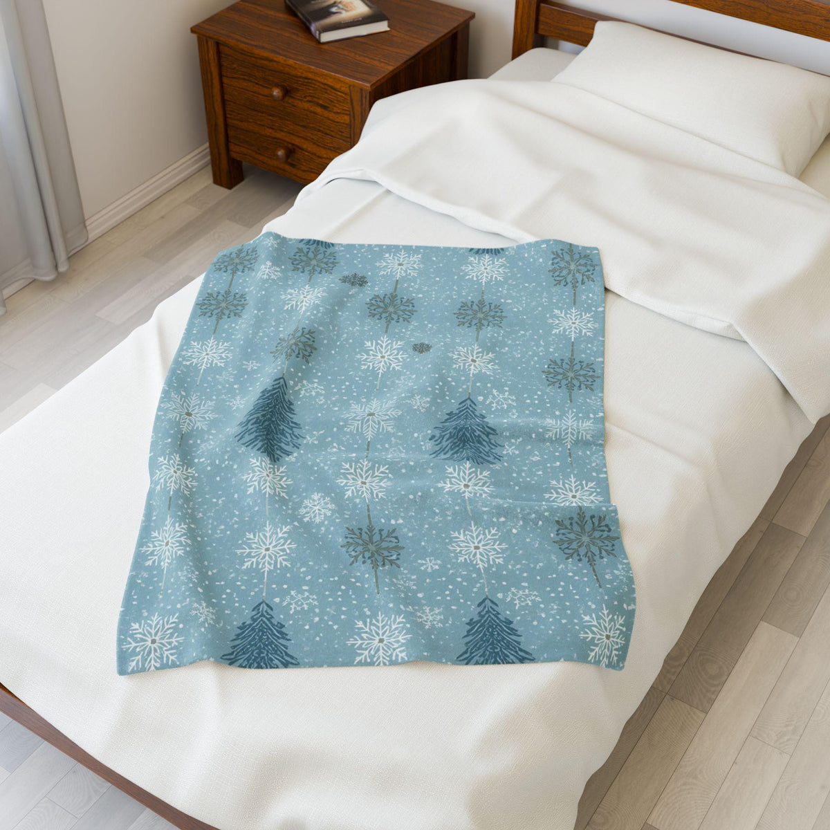 Snowflakes & Pine Trees Velveteen Plush Blanket | Calming Blue Winter Throw | Soft Cozy Blanket Gift for Her | Peaceful Holiday Home Decor