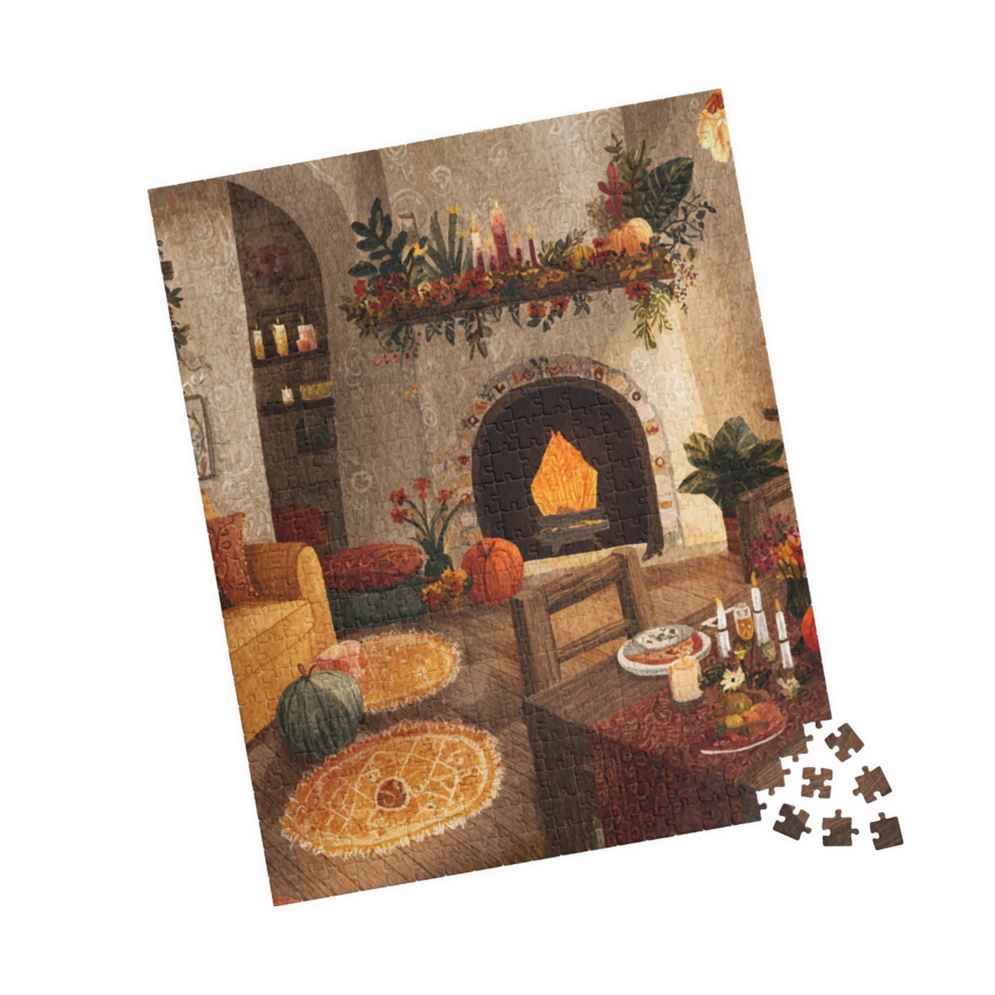 Autumn Cozy Living Room Puzzle | Glowing Fireplace Fall Decor | Cozy Seasonal Jigsaw Gift | Jazz N’ Coffee Puzzles