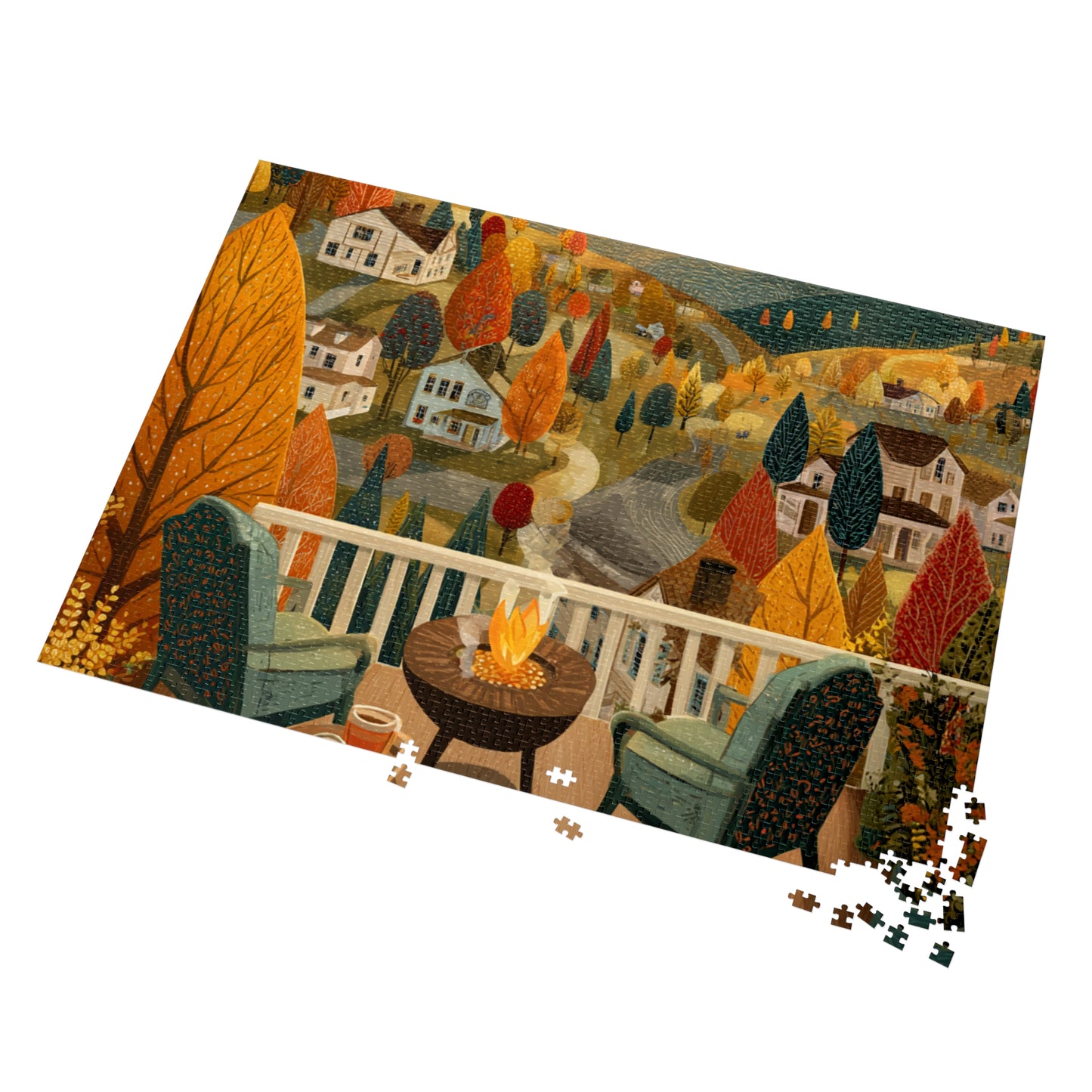 Autumn Porch Scene Jigsaw Puzzle with Tin — Cozy Fall Landscape 500pc