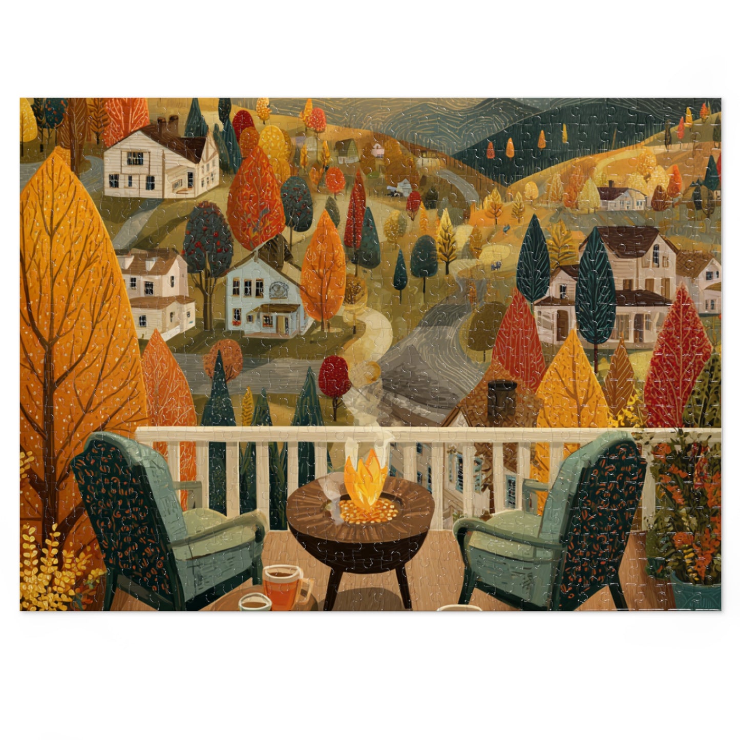 Autumn Porch Scene Jigsaw Puzzle with Tin — Cozy Fall Landscape 500pc