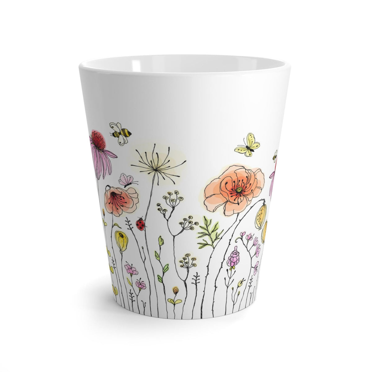 Floral Latte Mug with Bumblebees & Butterflies | Coffee Cup, Tea Mug, Gift for Garden Lovers, Mother's Day Gift, Hand-Illustrated Design