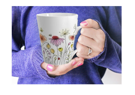 Floral Latte Mug with Bumblebees & Butterflies | Coffee Cup, Tea Mug, Gift for Garden Lovers, Mother's Day Gift, Hand-Illustrated Design