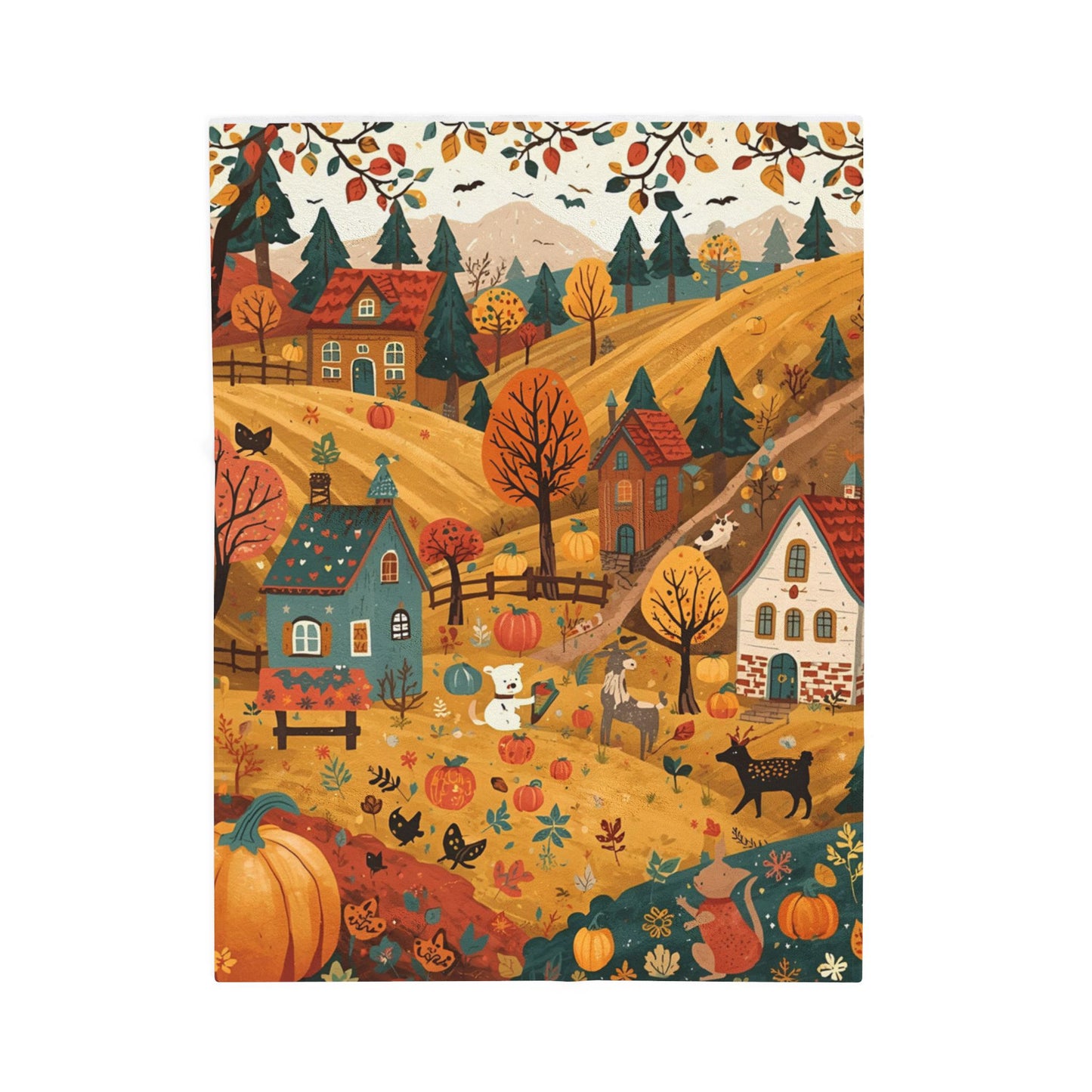 Cozy Autumn Village Velveteen Plush Blanket | Fall Harvest Throw | Soft Plush Blanket Gift | Warm Rustic Home Decor | Pumpkin Season Blanket