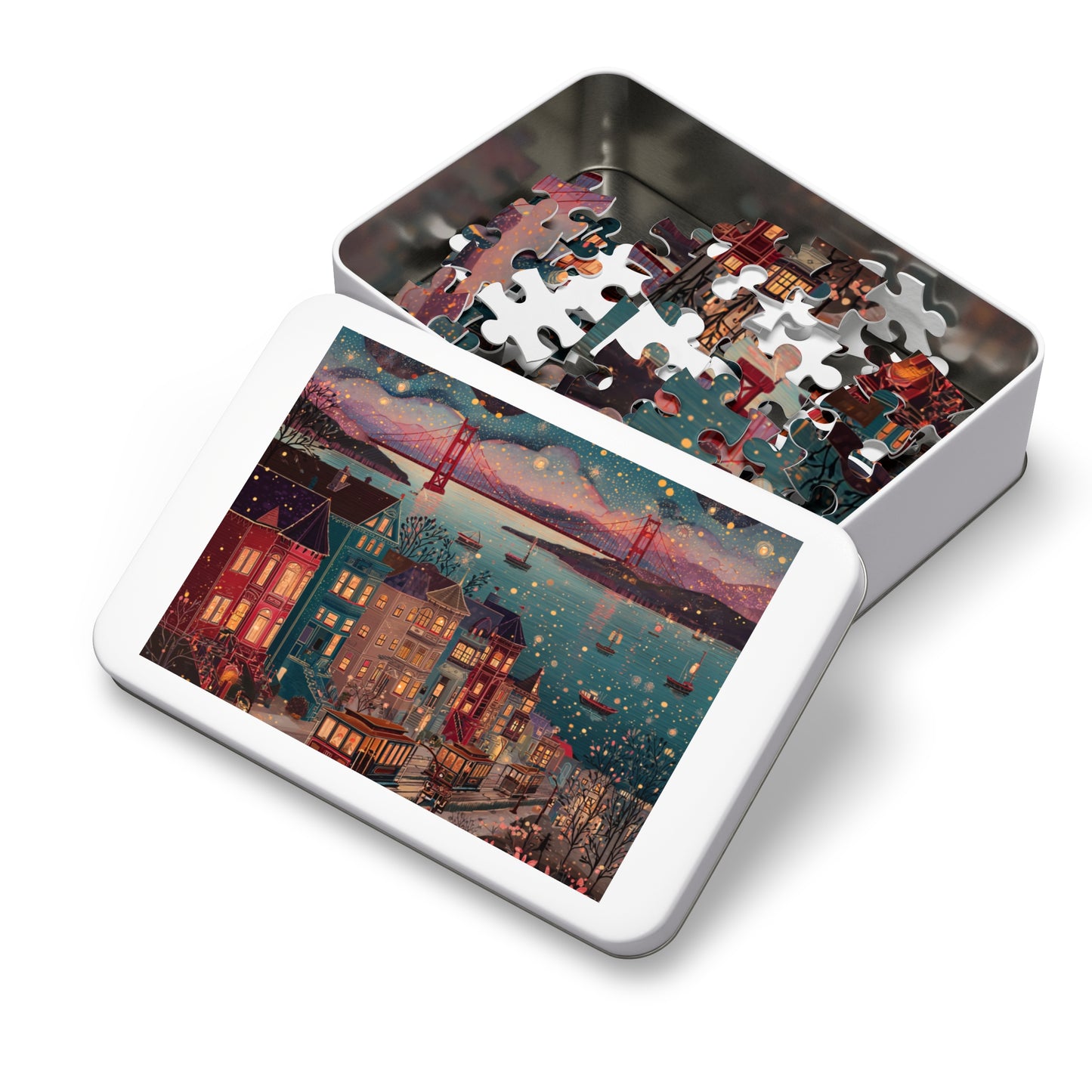 Whimsical San Francisco Puzzle – A Colorful City by the Bay-Jigsaw Puzzle with Tin
