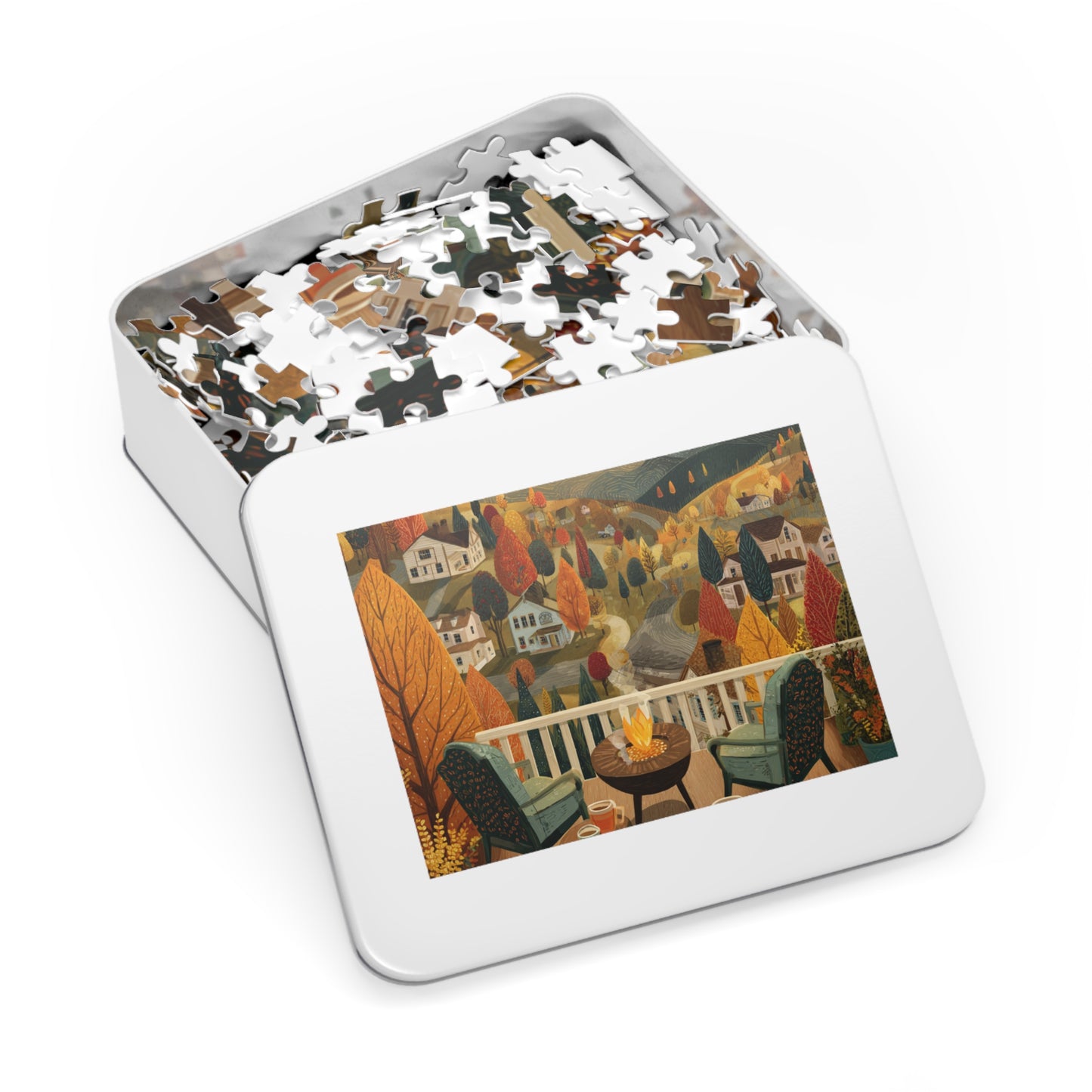 Autumn Porch Scene Jigsaw Puzzle with Tin — Cozy Fall Landscape 500pc
