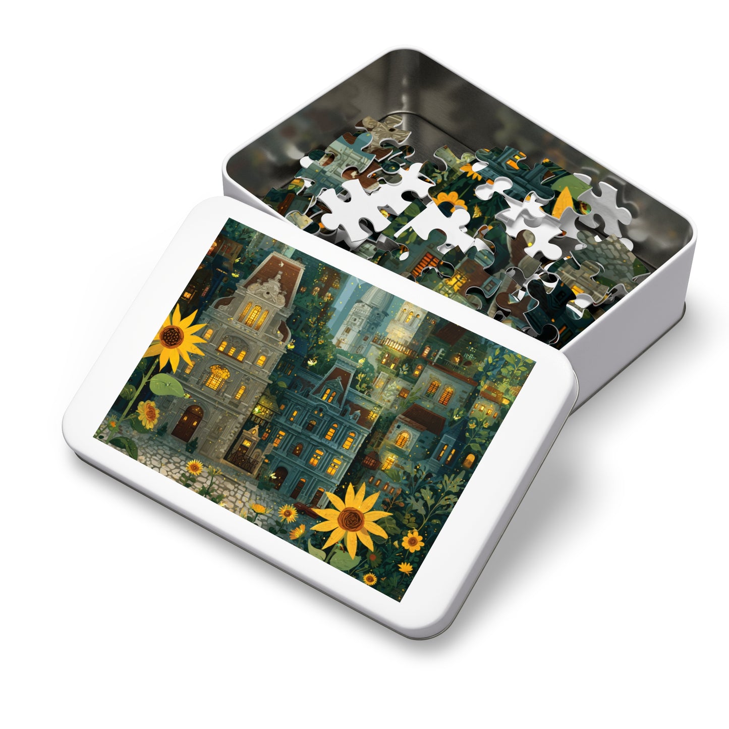 Whimsical Philadelphia Cityscape Sunflower Jigsaw Puzzle with Tin