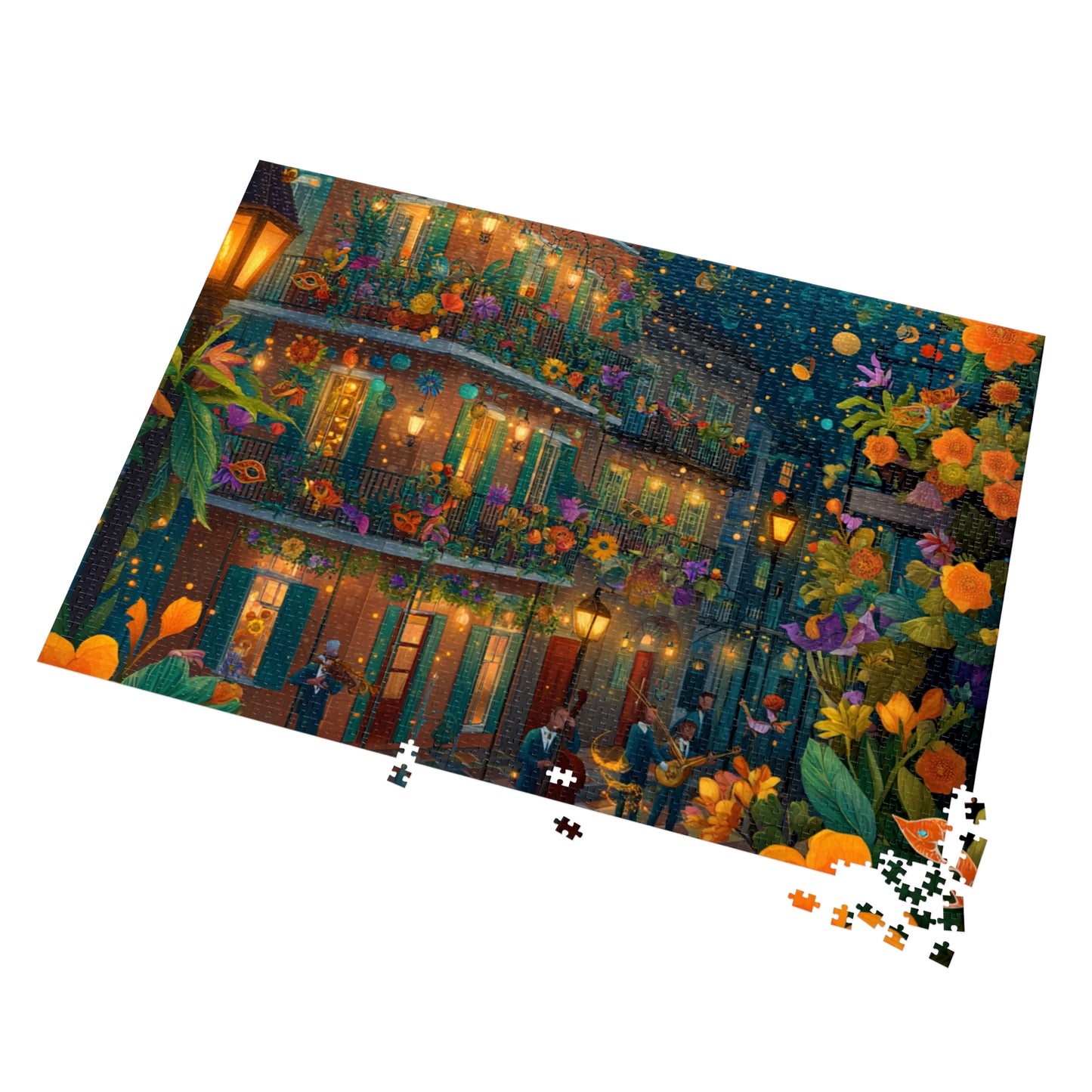 Whimsical New Orleans Jazz Puzzle – A Colorful Night in the Crescent City Jigsaw Puzzle with Tin