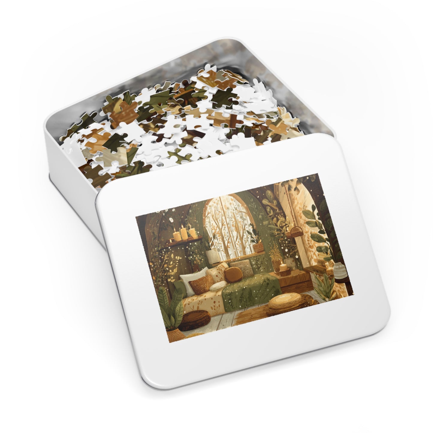Cozy Green Nook Jigsaw Puzzle with Tin – Calming Botanical Room Scene