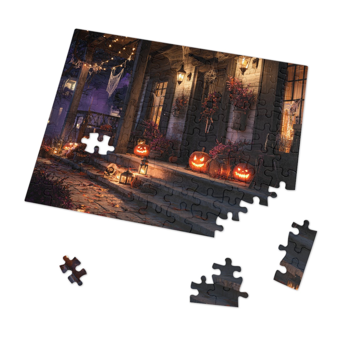 Haunted Halloween Porch Puzzle with Tin, 30, 110, 252, 500, 1000 and 2000-piece variations, Puzzle for Halloween Lovers