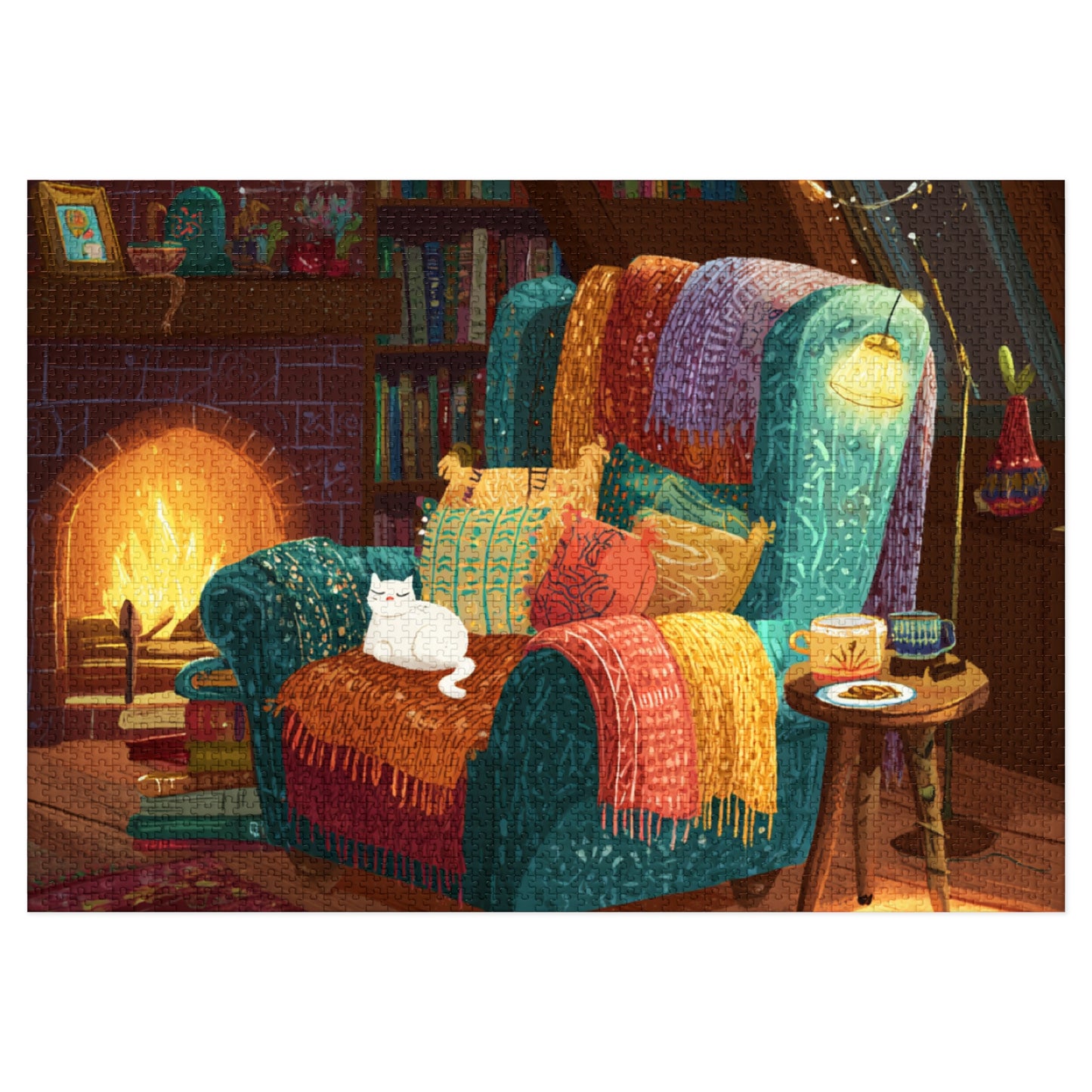 Colorful Cozy Armchair With A White Cat and Fireplace Jigsaw Puzzle with Tin – 500-Piece Relaxing Reading Nook Scene
