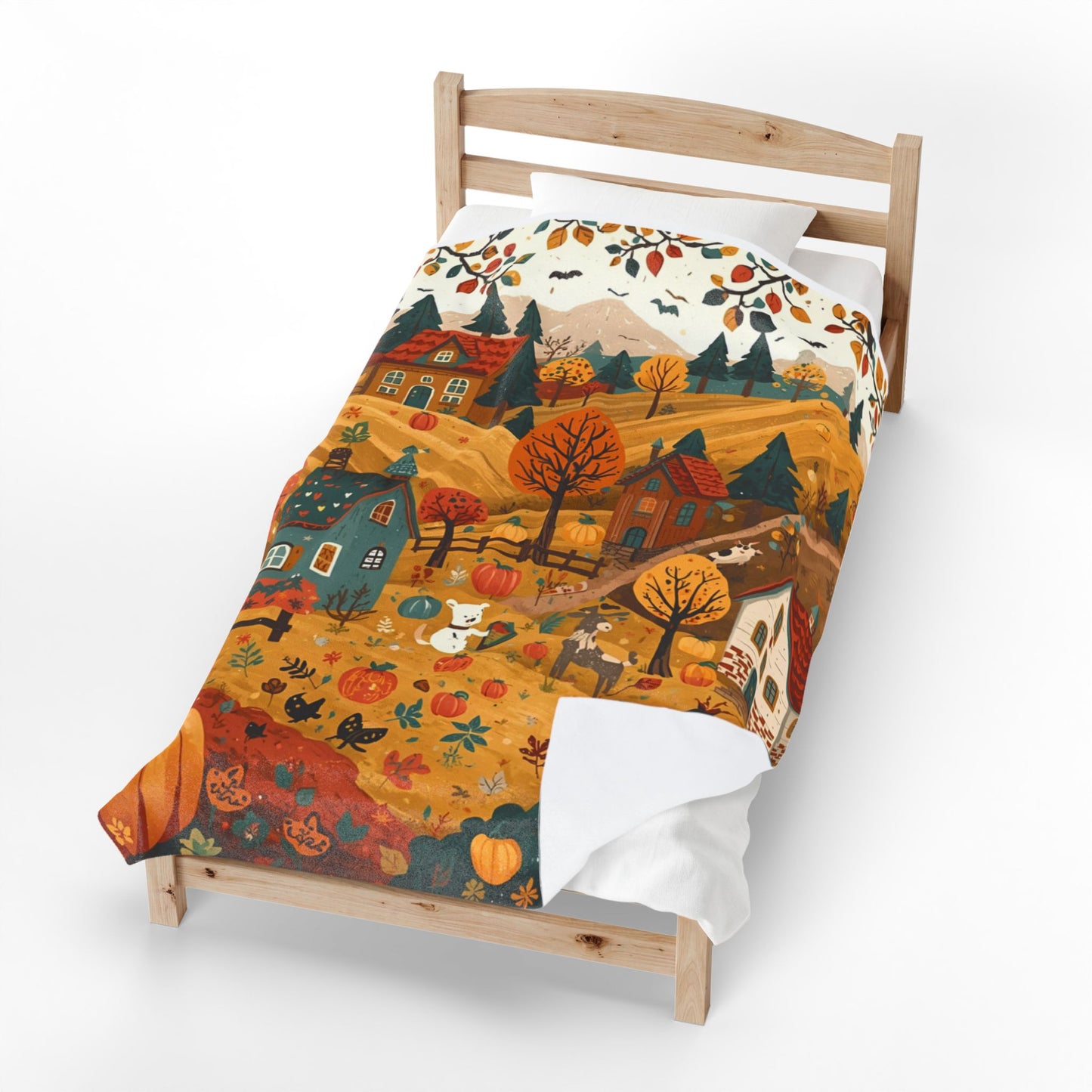 Cozy Autumn Village Velveteen Plush Blanket | Fall Harvest Throw | Soft Plush Blanket Gift | Warm Rustic Home Decor | Pumpkin Season Blanket