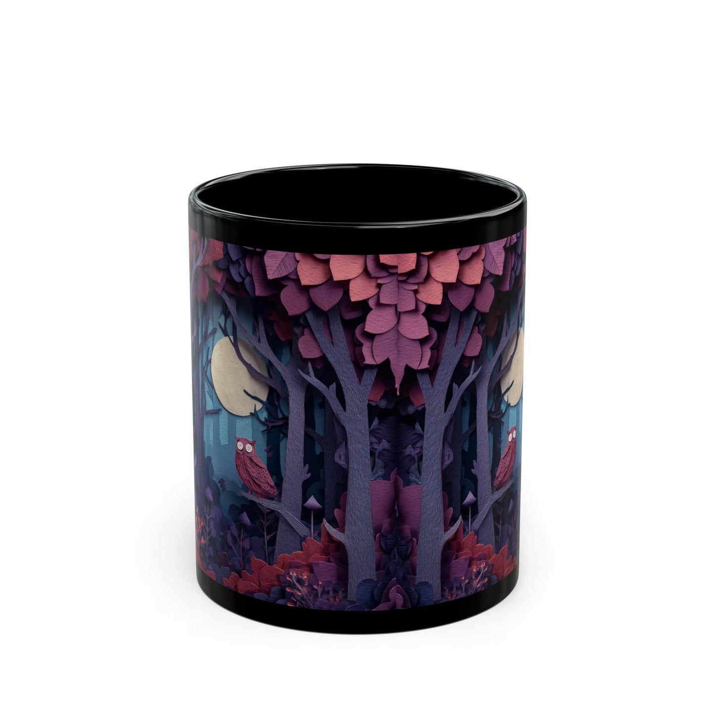 Black Mug with Mystical Forest, Owl and Moon, Colorful Autumn Coffee Cup, Magical Fall Drinkware, 11oz and 15oz