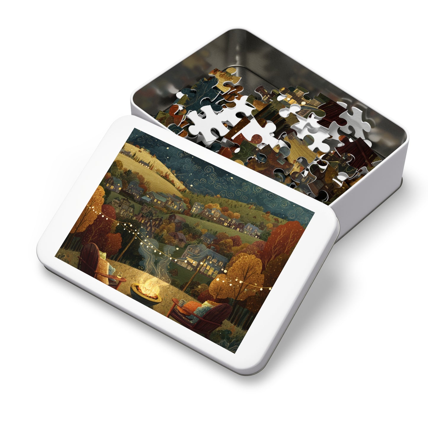 Cozy Hillside Evening Jigsaw Puzzle with Tin — Scenic Campfire Village Puzzle