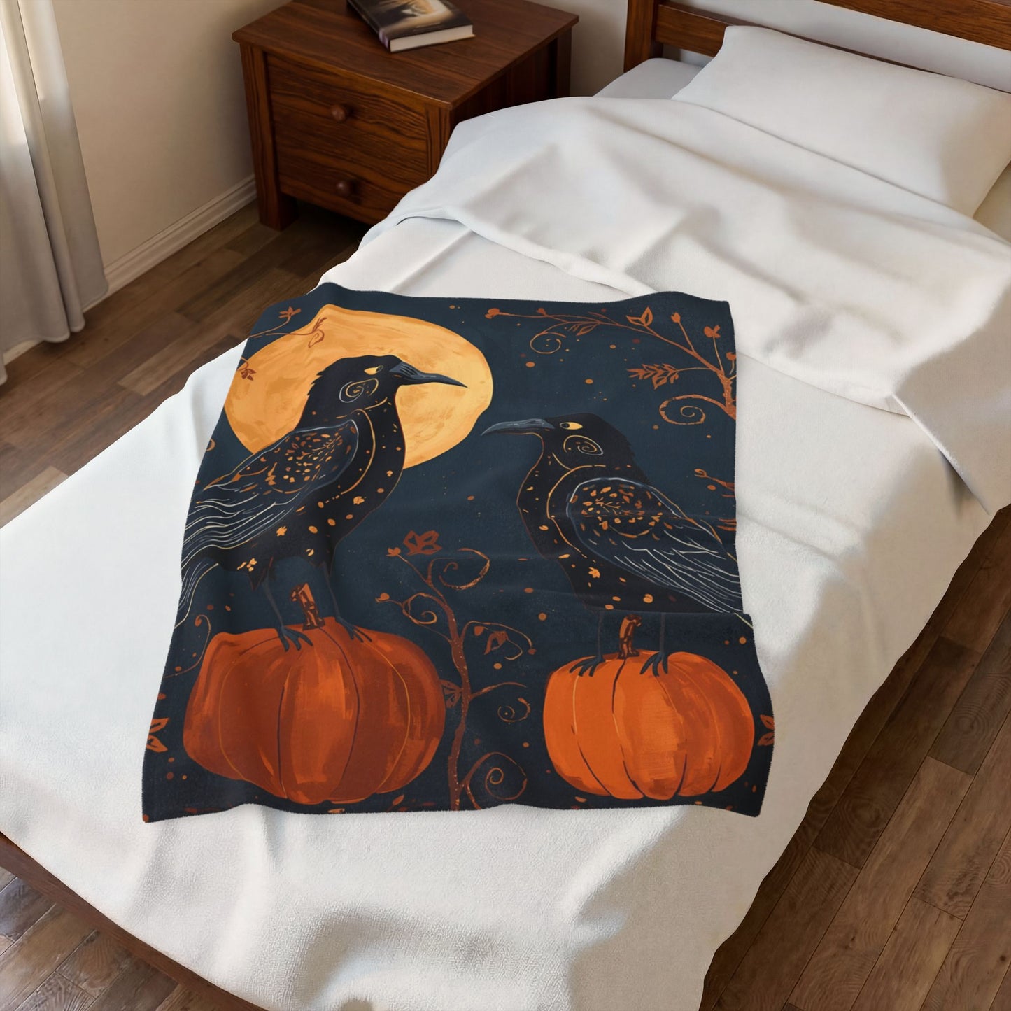 Whimsical Crows with Full Moon Velveteen Plush Blanket | Cozy Fall Throw | Warm Autumn Home Decor | Pumpkin Design