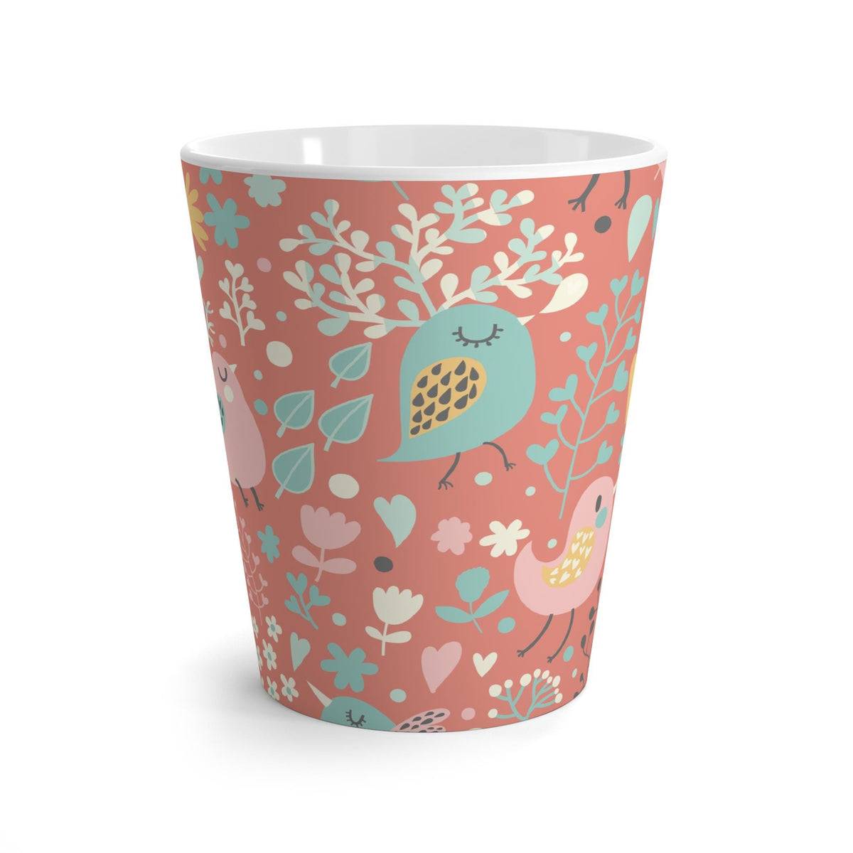 Whimsical Pink Bird Latte Mug - Bird and HeartThemed 12 oz Mug, Cute Gift for Bird Lovers, Floral Art Mug, Coffee Lover Gift
