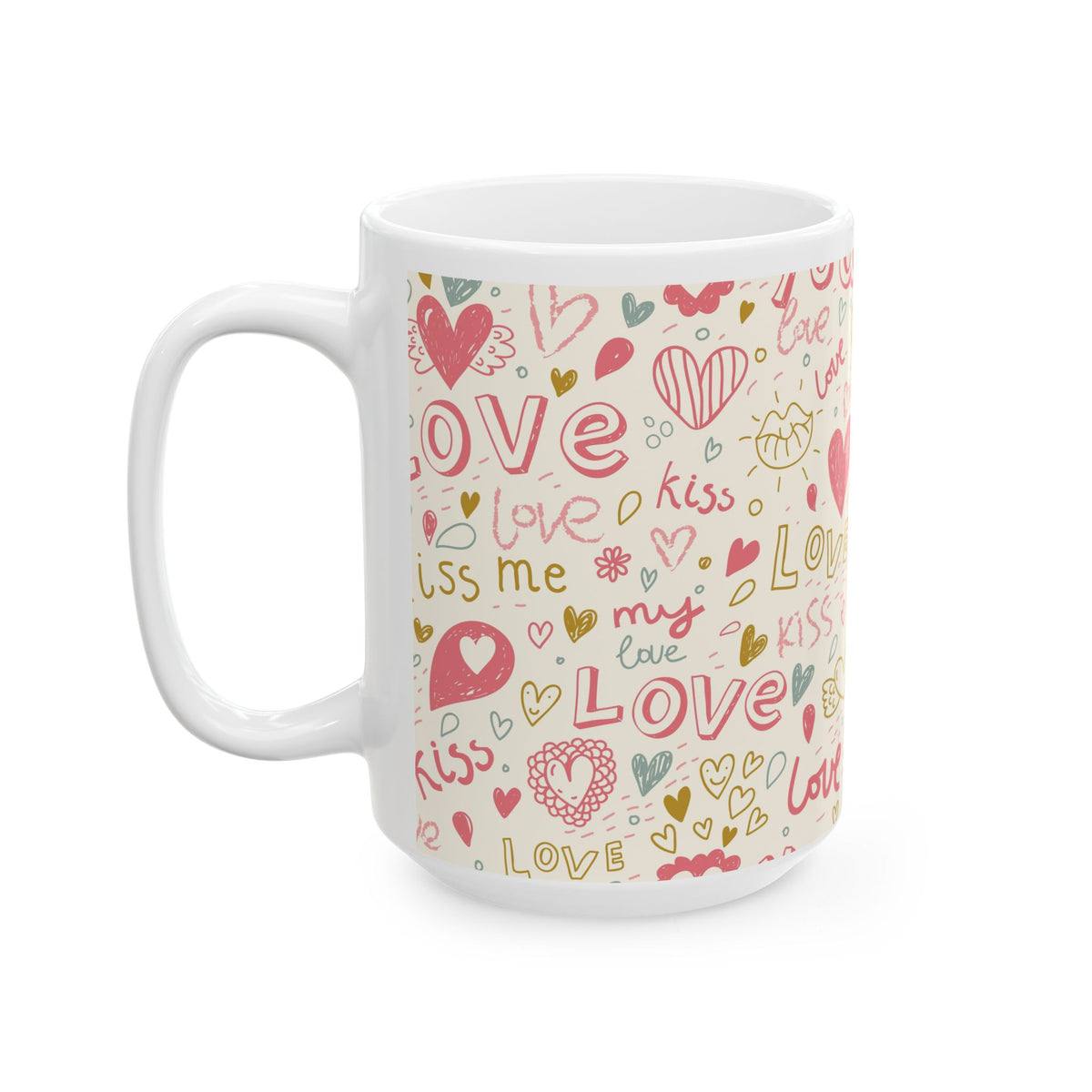 Colorful Love Mug, Hearts and Kisses Coffee Cup, Valentines Day Gift, Romantic Mug for Couples, Gift for Friends, Family, Significant Other
