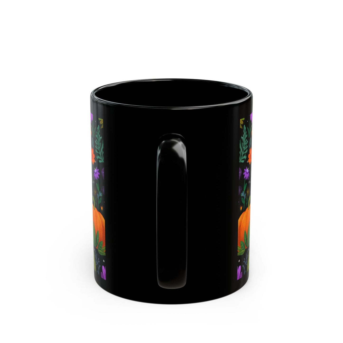 Halloween Black Mug with Cute Ghosts, Pumpkins and Flowers, 11 oz and 15 oz, Fall Decor, Spooky Gift, Autumn Mug, Halloween Celebration