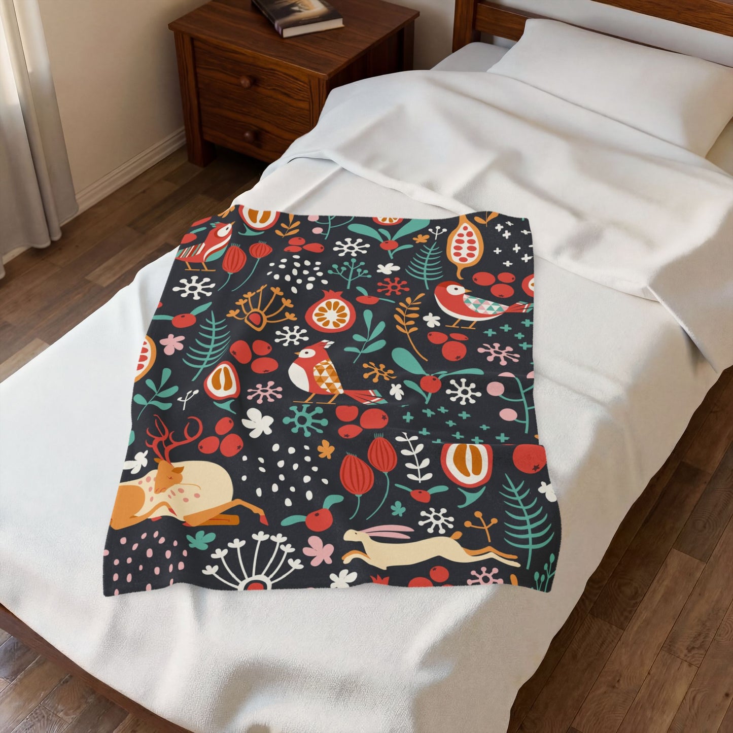 Velveteen Plush Blanket — Whimsical Forest Animals & Berries Throw