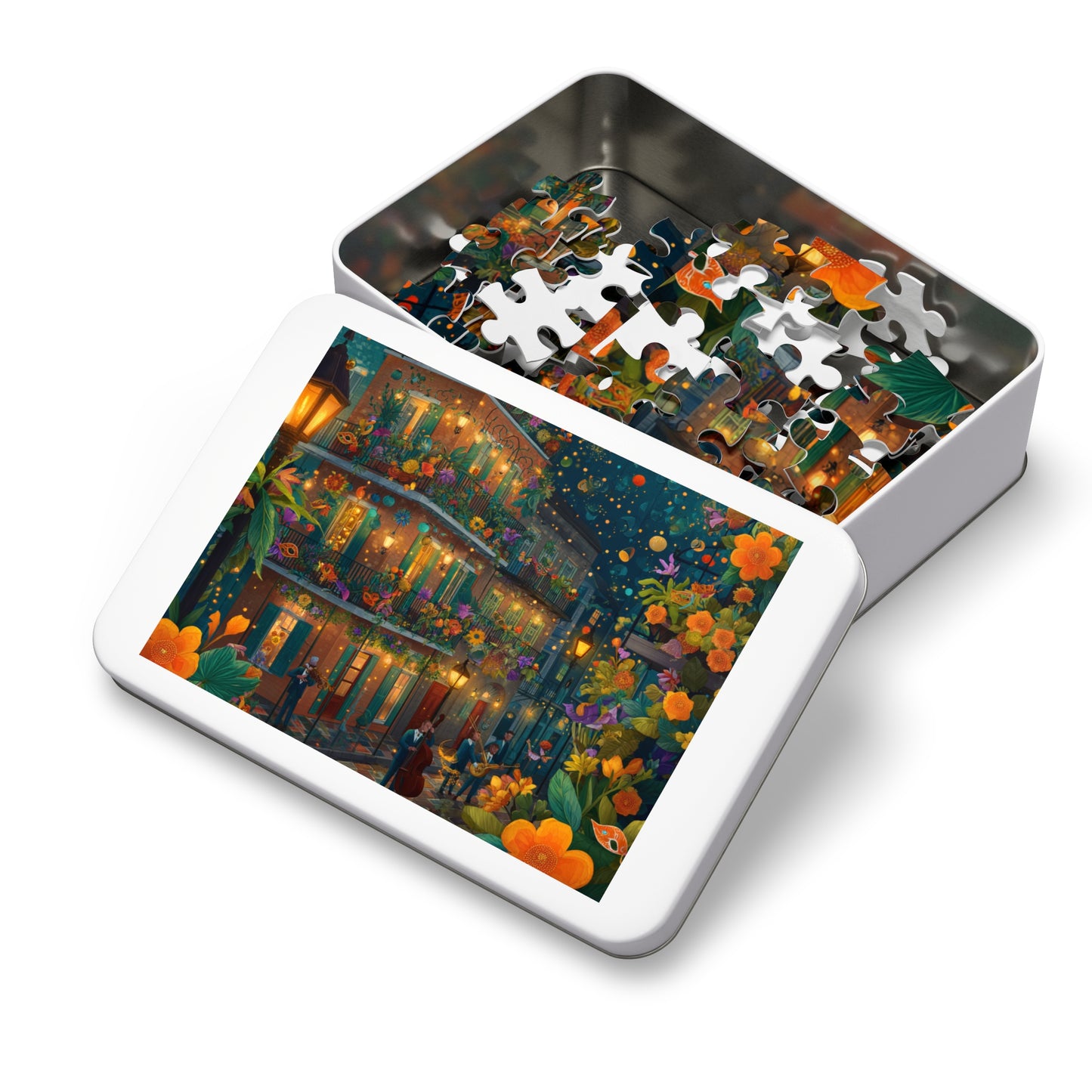 Whimsical New Orleans Jazz Puzzle – A Colorful Night in the Crescent City Jigsaw Puzzle with Tin