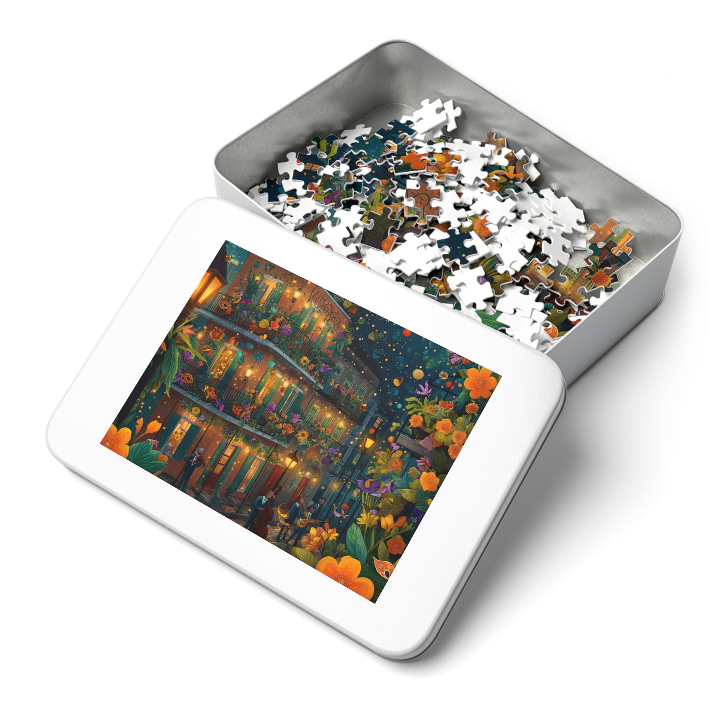 Whimsical New Orleans Jazz Puzzle – A Colorful Night in the Crescent City Jigsaw Puzzle with Tin