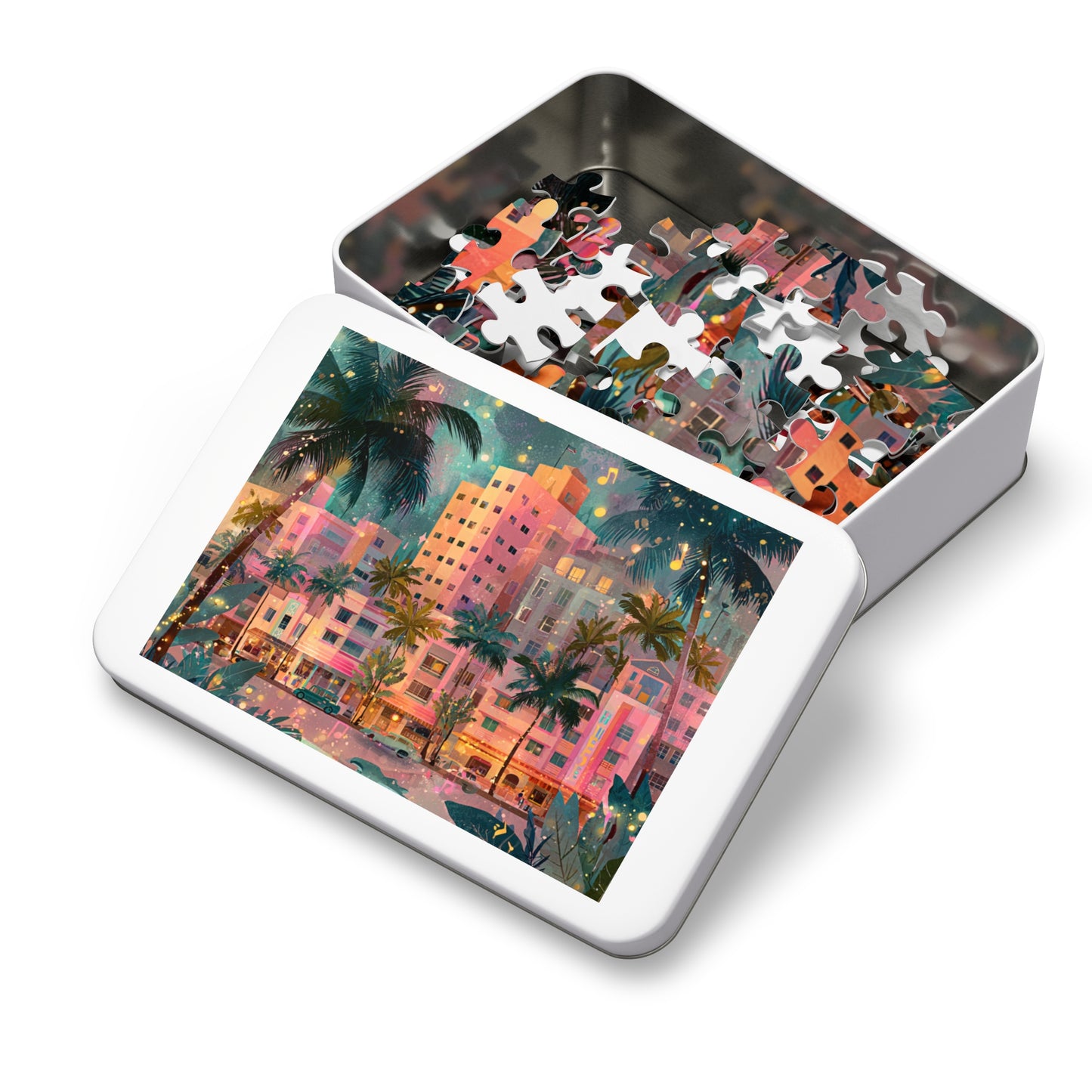 Whimsical Pastel Miami Puzzle – A Dreamy Tropical Escape-Jigsaw Puzzle with Tin