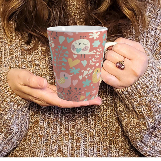 Whimsical Pink Bird Latte Mug - Bird and HeartThemed 12 oz Mug, Cute Gift for Bird Lovers, Floral Art Mug, Coffee Lover Gift