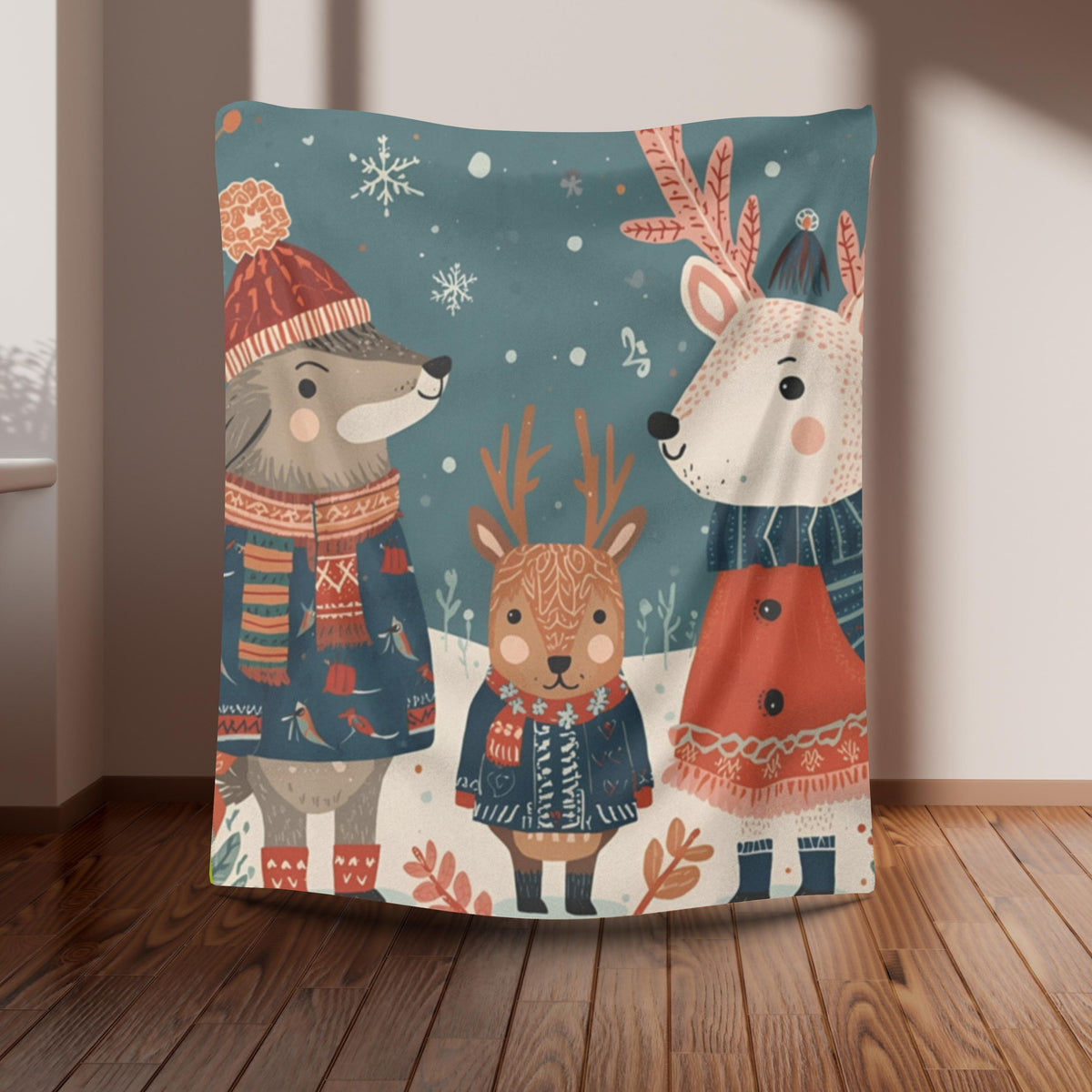 Whimsical Winter Animals Sherpa Fleece Blanket | Cozy Snow Scene Throw | Cute Dog Squirrel & Deer | Soft Plush Blanket