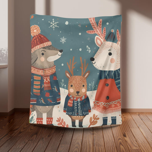 Whimsical Winter Animals Sherpa Fleece Blanket | Cozy Snow Scene Throw | Cute Dog Squirrel & Deer | Soft Plush Blanket