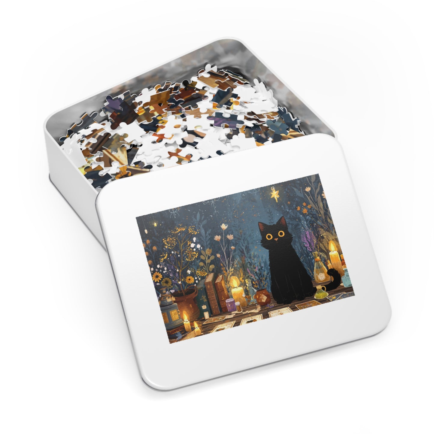 Enchanted Black Cat Puzzle with Tarot, Candles, and Spellbinding Herbs in A Gift Tin. Gift for Cat lovers, Halloween Gift Puzzle