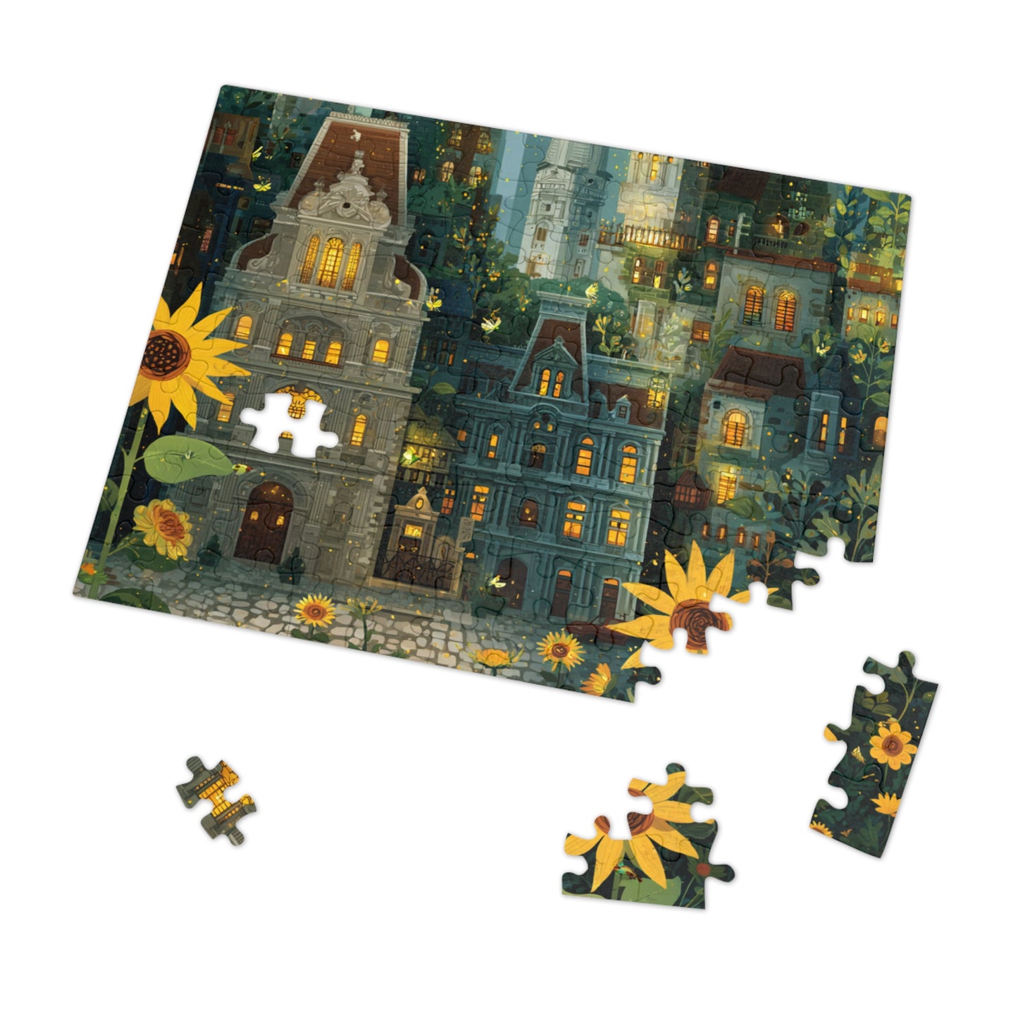 Whimsical Philadelphia Cityscape Sunflower Jigsaw Puzzle with Tin