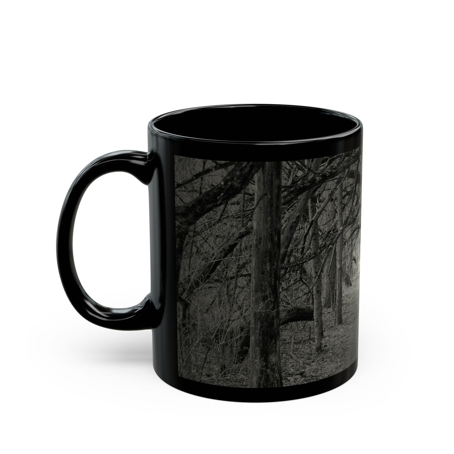 Black Ceramic Mug — Gothic Moody Forest Tunnel Photography (11oz & 15oz)