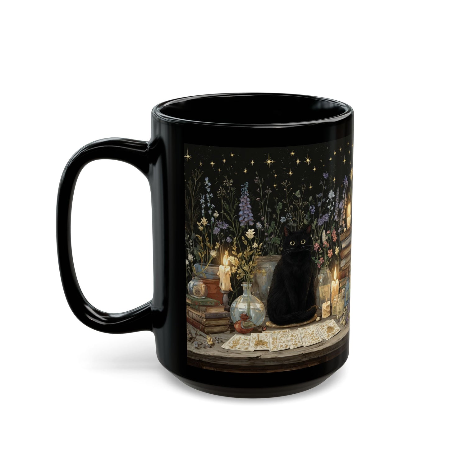 Witchy Black Cat Alchemy Mug — Candlelit Potions & Starry Books (11oz/15oz)