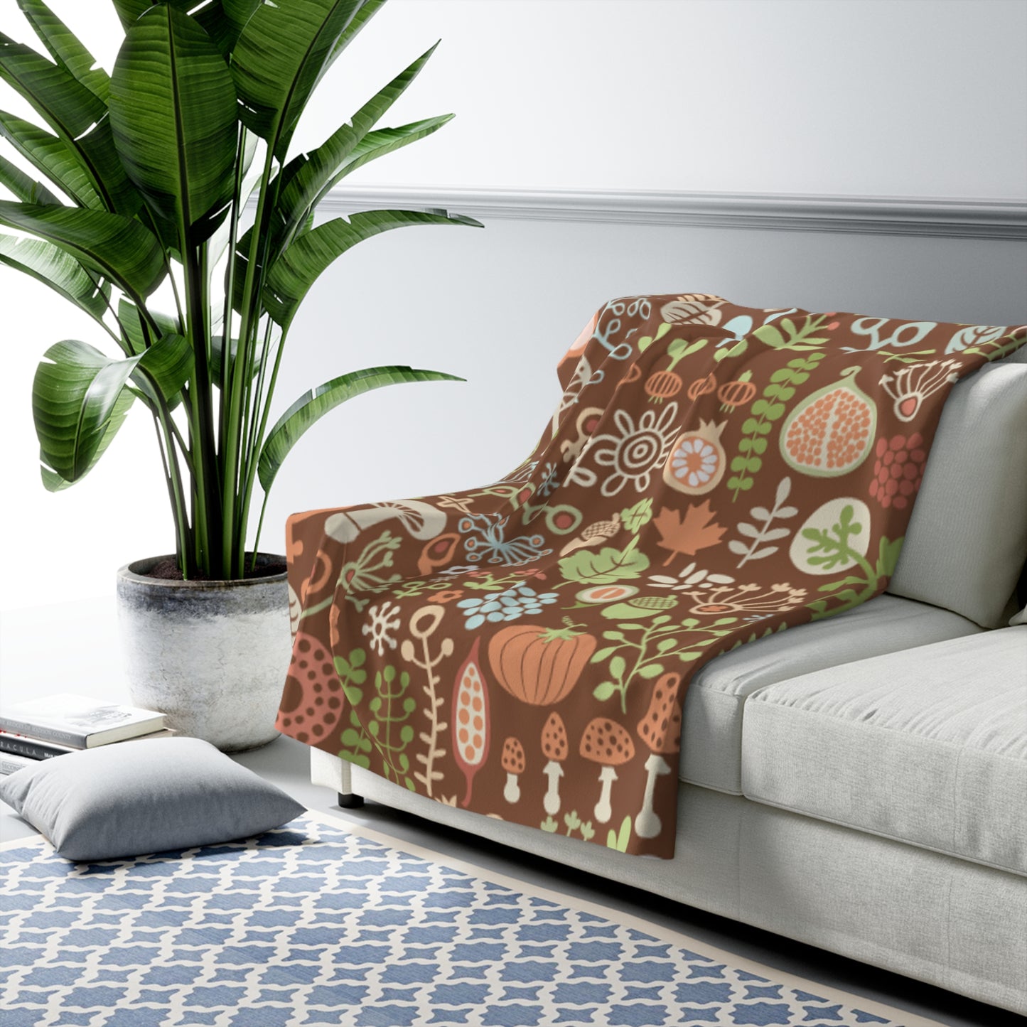 Autumn Mushroom Sherpa Blanket — Cozy Woodland Fleece Throw