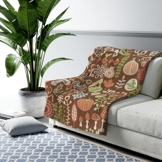 Autumn Mushroom Sherpa Blanket — Cozy Woodland Fleece Throw