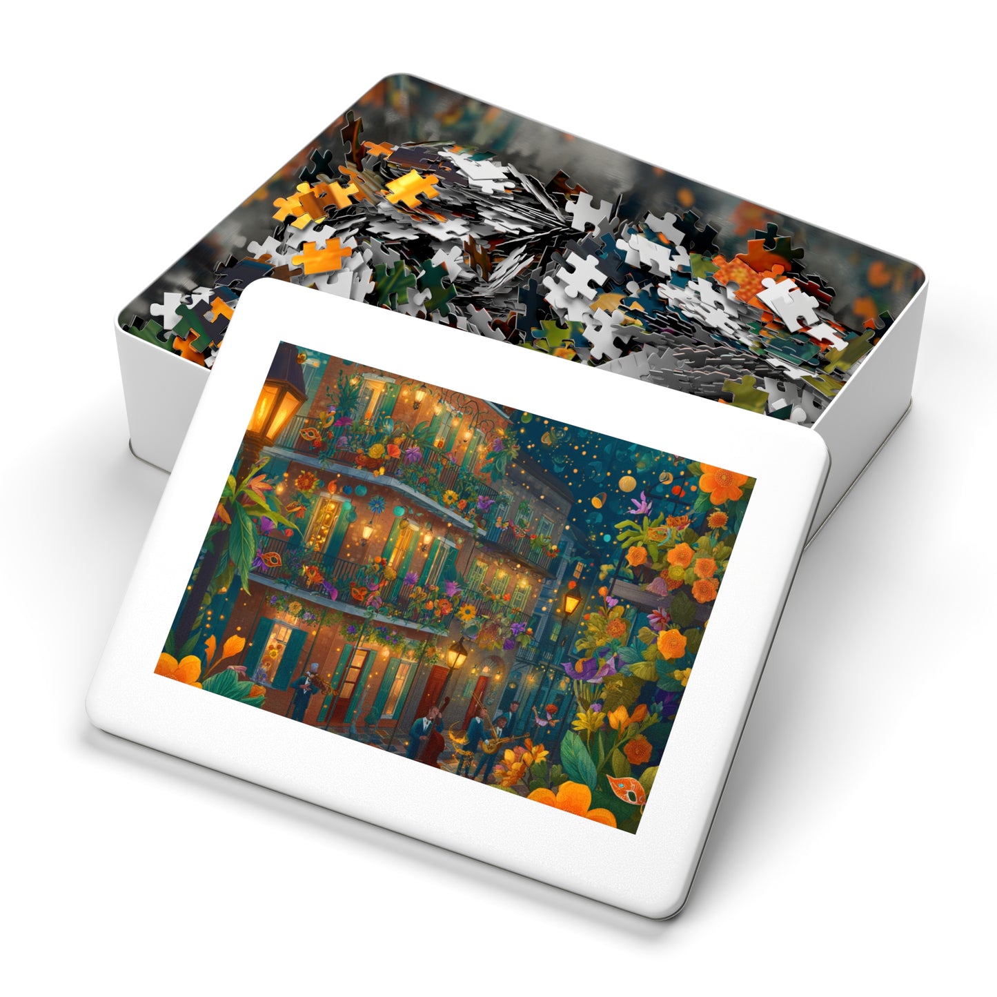 Whimsical New Orleans Jazz Puzzle – A Colorful Night in the Crescent City Jigsaw Puzzle with Tin