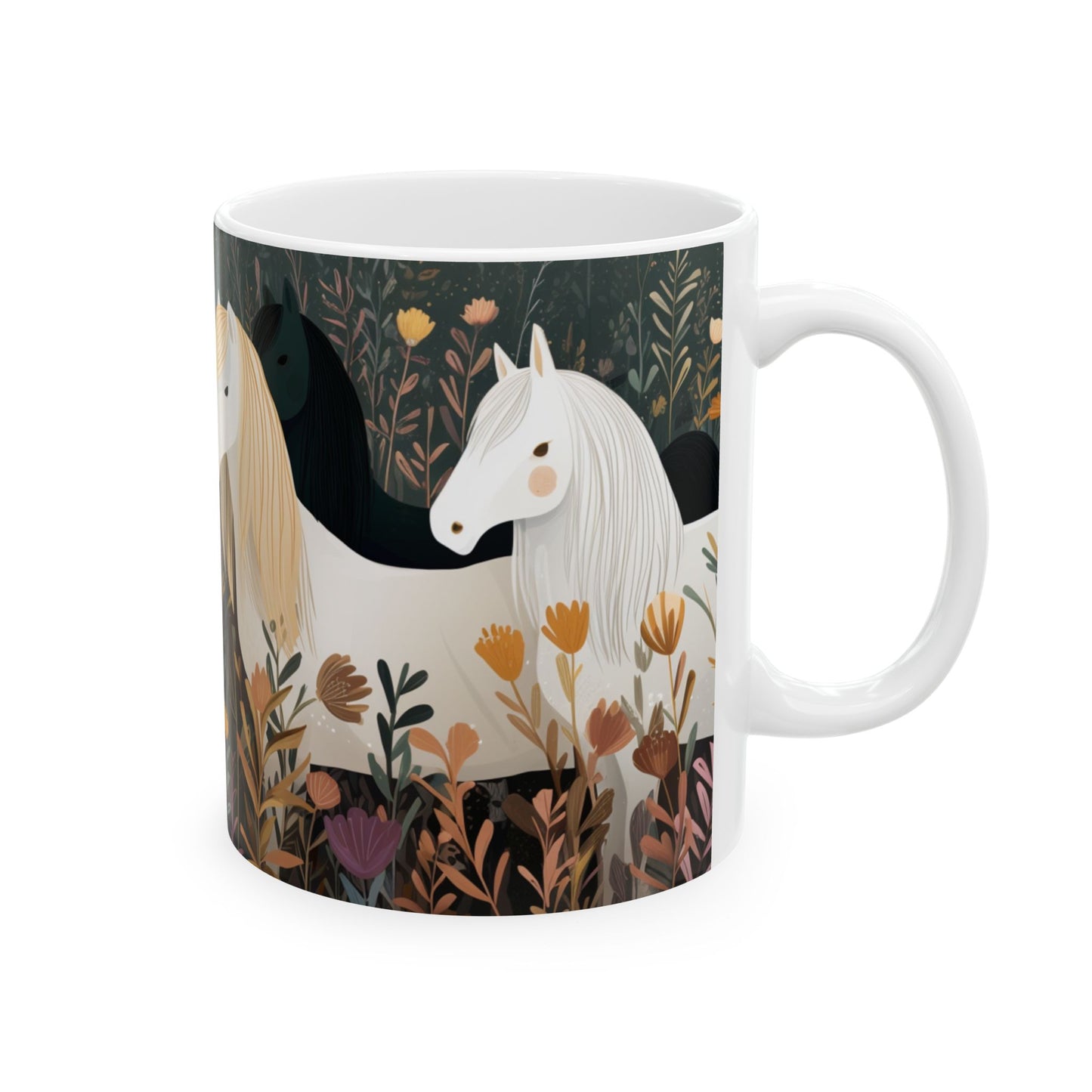 Whimsical Horse Mug, Grazing Horses in a Wildflower Field, Country Farm Coffee Cup, Equestrian Gift, Nature Lover Mug, 11oz and  15oz