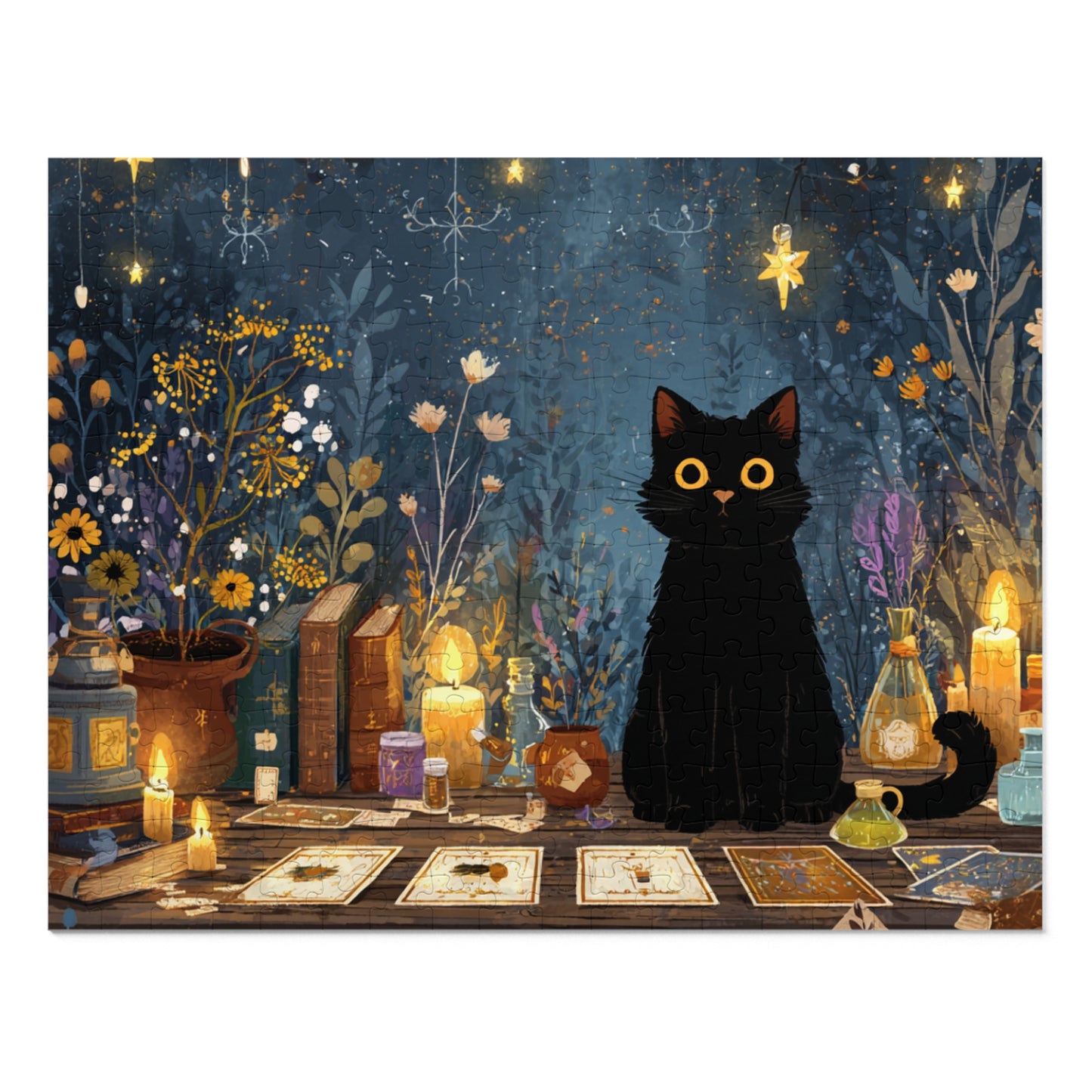 Enchanted Black Cat Puzzle with Tarot, Candles, and Spellbinding Herbs in A Gift Tin. Gift for Cat lovers, Halloween Gift Puzzle