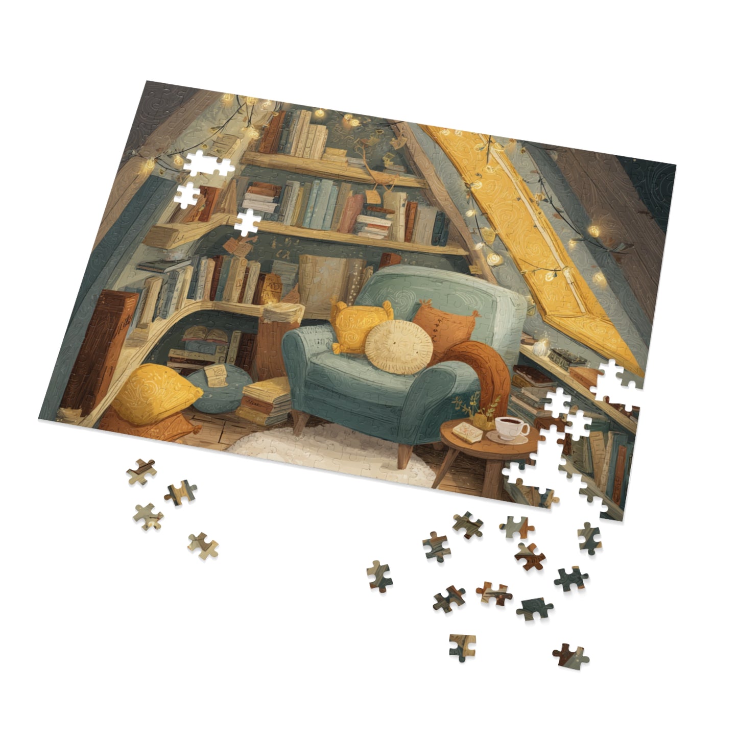 Cozy Reading Nook Jigsaw Puzzle (with Tin) — Warm Attic Books & Tea Scene