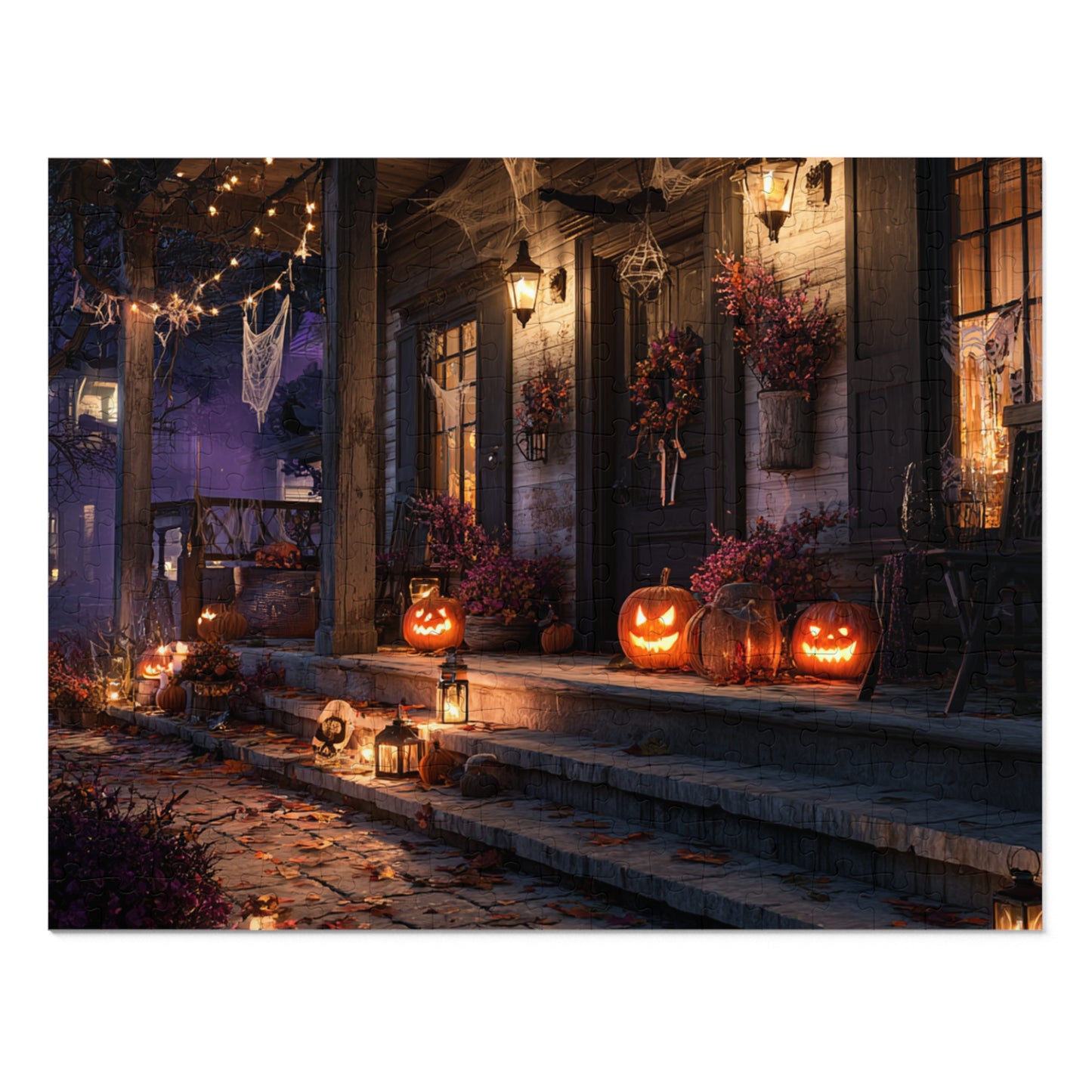 Haunted Halloween Porch Puzzle with Tin, 30, 110, 252, 500, 1000 and 2000-piece variations, Puzzle for Halloween Lovers