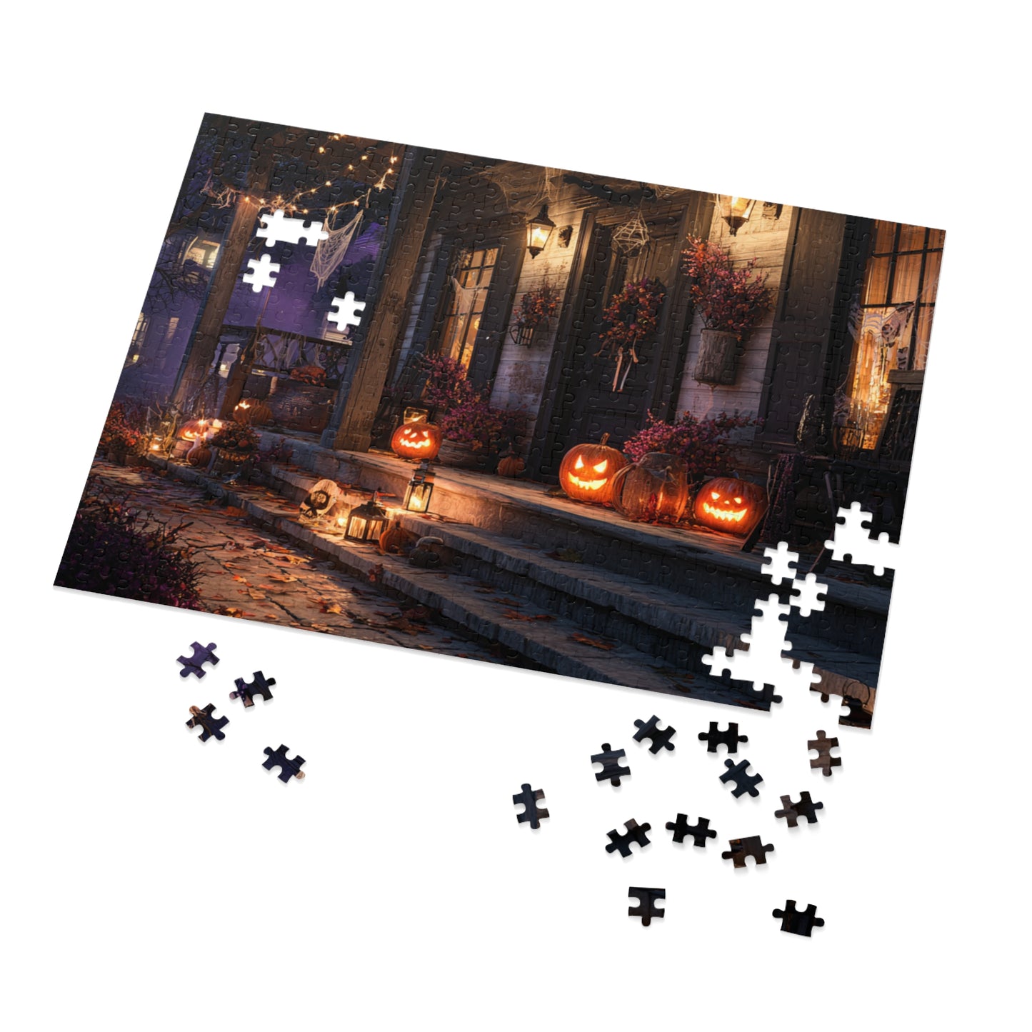 Haunted Halloween Porch Puzzle with Tin, 30, 110, 252, 500, 1000 and 2000-piece variations, Puzzle for Halloween Lovers