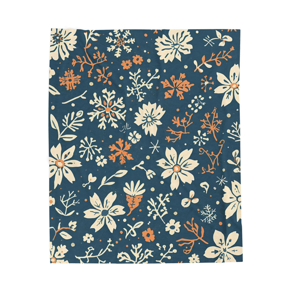 Navy Blue Snowflake Floral Velveteen Plush Blanket | Burnt Orange & Cream Winter Throw | Soft Cozy Blanket Gift Elegant Hygge Home Decor