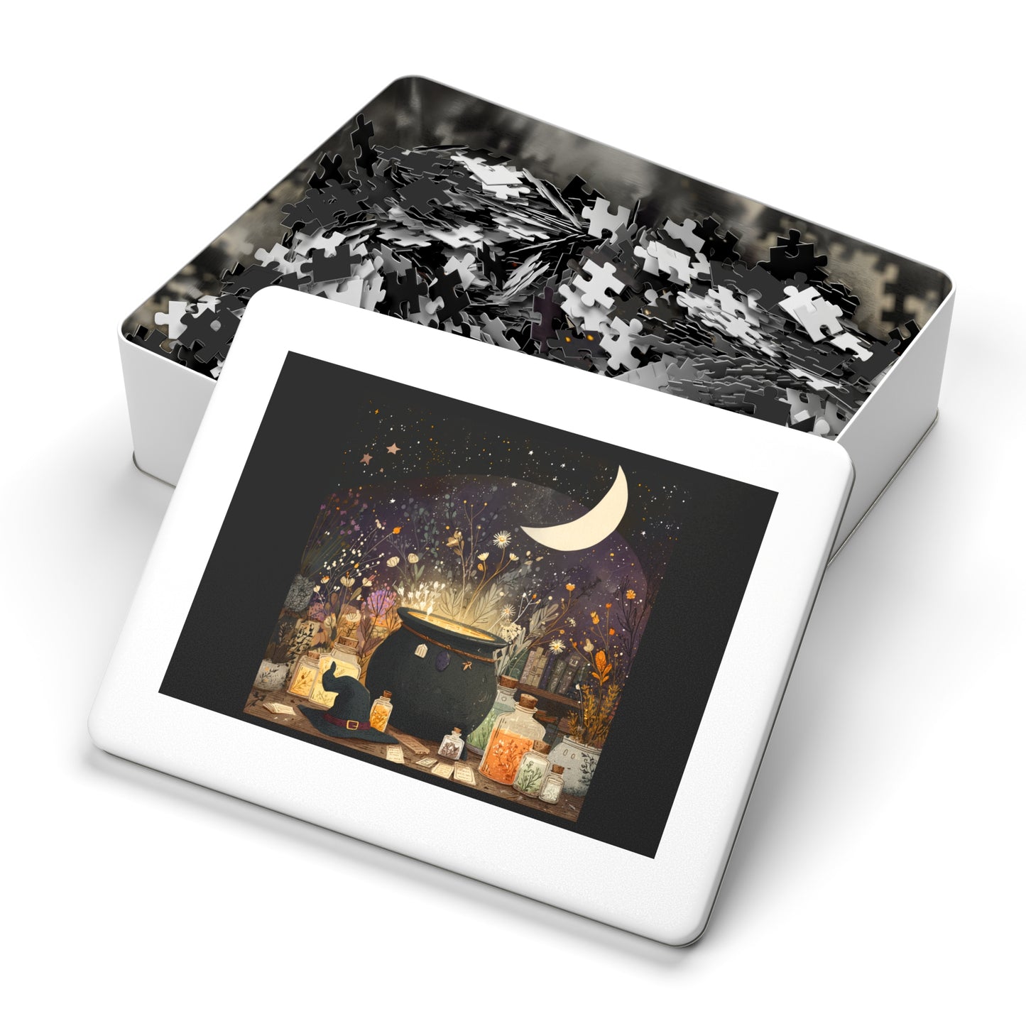 Witchs Magical Cauldron Puzzle with Tin, Bubbling Brews, Enchanted Ingredients & Spellbound Fun, Halloween Puzzle, Witch-Themed Gift