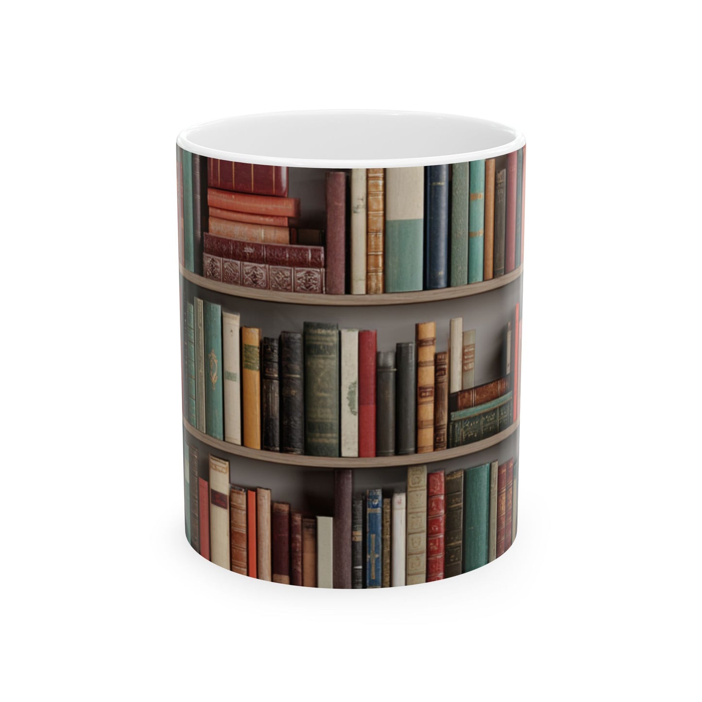 Book Lover Ceramic Mug — Vintage Bookshelf Coffee Cup (11oz & 15oz)