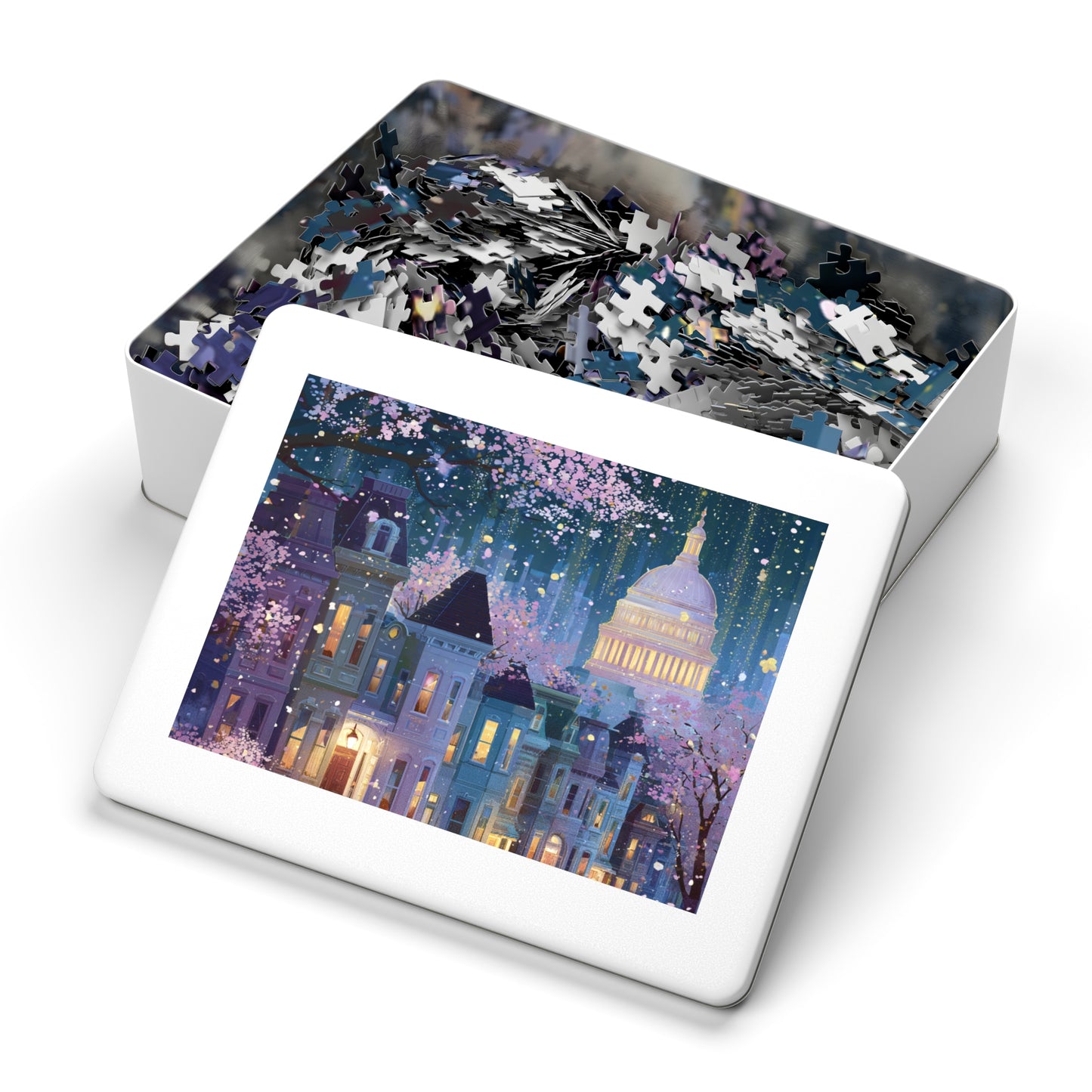 Whimsical Washington DC Cherry Blossom Puzzle – A Magical Springtime in the Nation’s Capital-Jigsaw Puzzle with Tin
