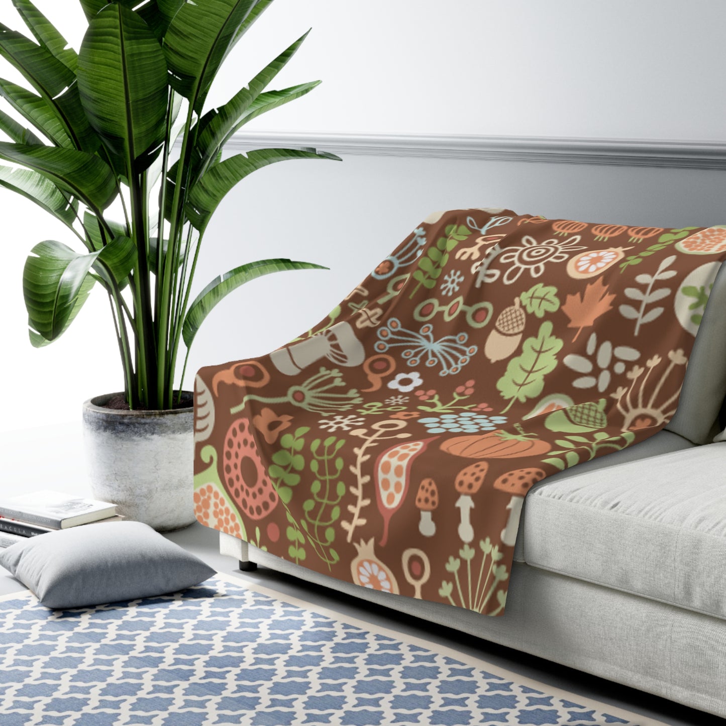 Autumn Mushroom Sherpa Blanket — Cozy Woodland Fleece Throw
