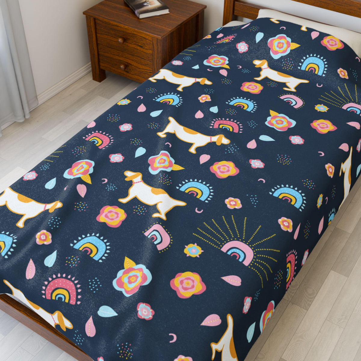 Whimsical Dog & Rainbow Velveteen Plush Blanket | Colorful Navy Blue Throw | Playful Home Decor | Warm Fleece