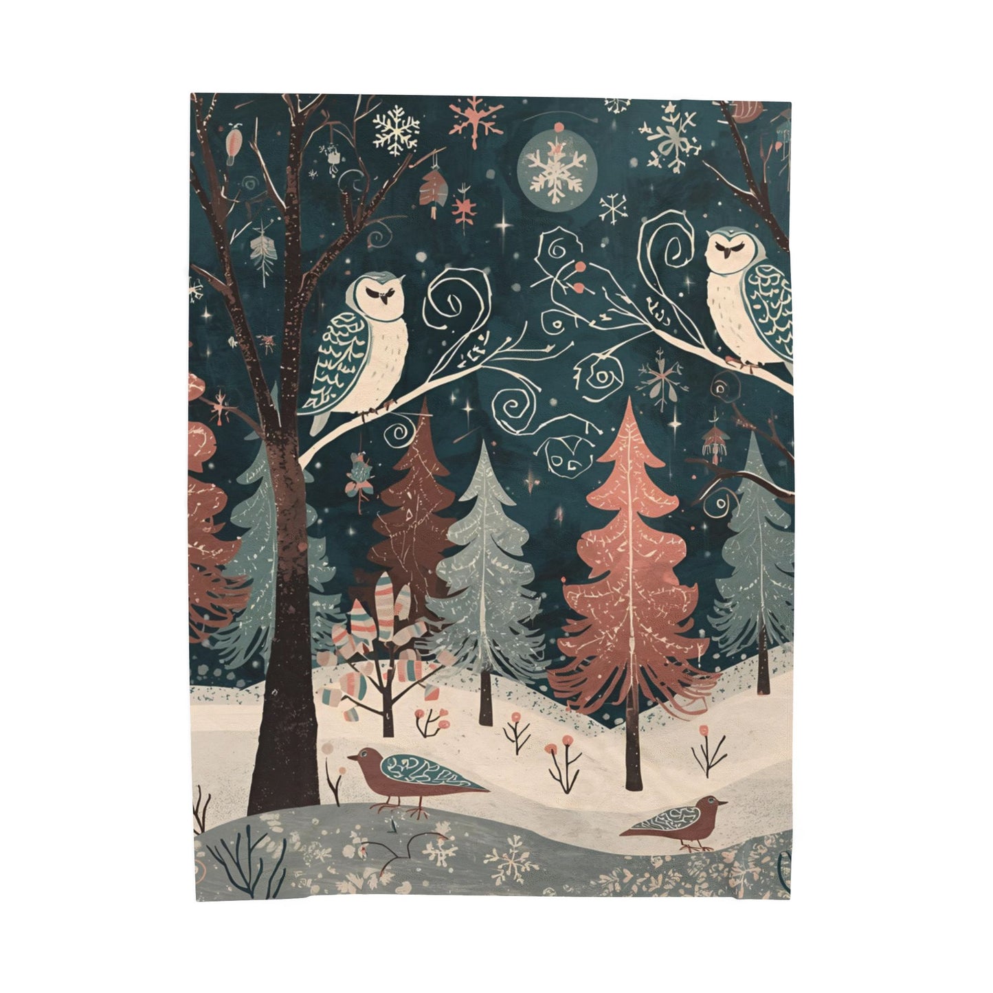 Whimsical Winter Owl Forest Velveteen Plush Blanket | Cozy Woodland Throw | Soft Plush Blanket Gift | Snowy Owl and Pine Tree Decor