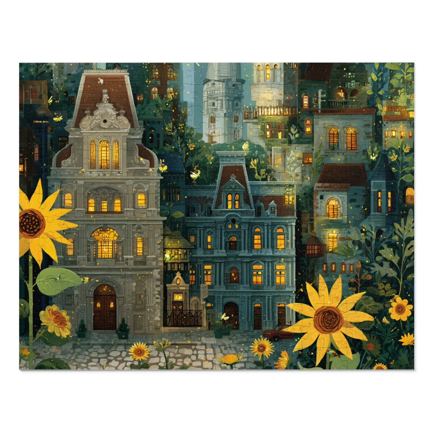 Whimsical Philadelphia Cityscape Sunflower Jigsaw Puzzle with Tin